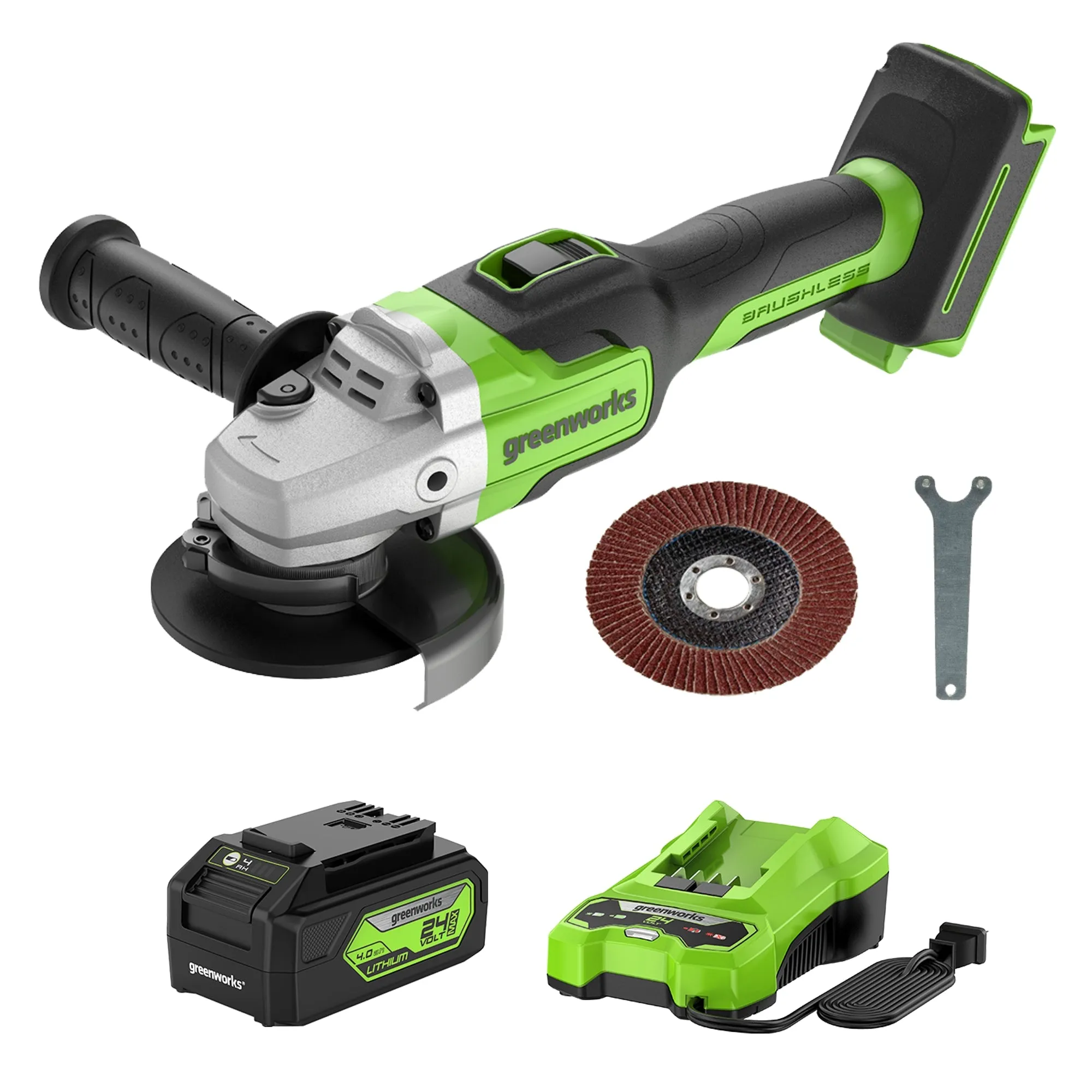 24V 4.5" Cordless Battery Brushless Angle Grinder w/ 4.0Ah USB Battery & Charger