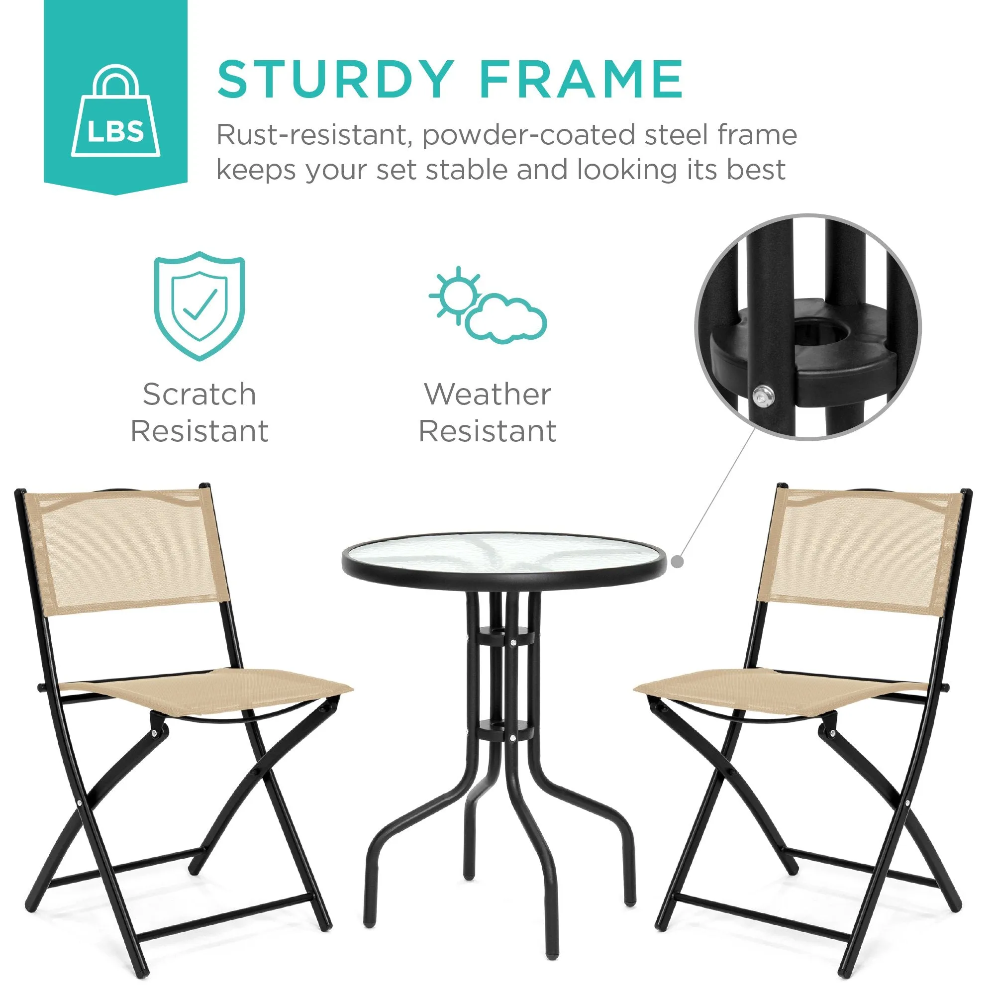 3-Piece Bistro Set w/ Glass Table, 2 Foldable Chairs