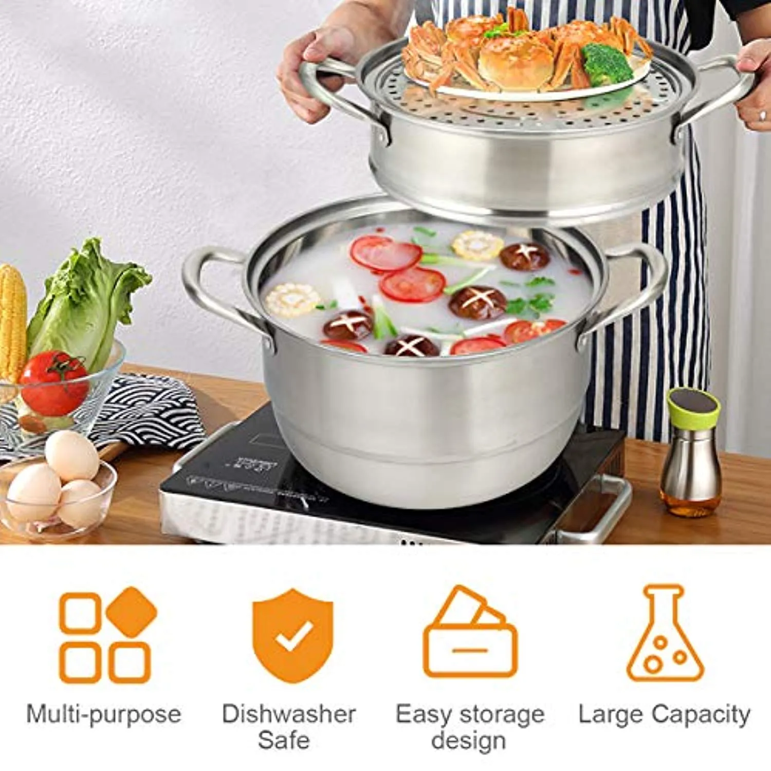 3-Tier Stainless Steel Steamer, 11'' Multi-Layer Boiler Pot with Handles on Both Sides