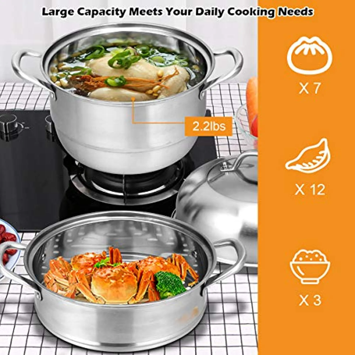 3-Tier Stainless Steel Steamer, 11'' Multi-Layer Boiler Pot with Handles on Both Sides