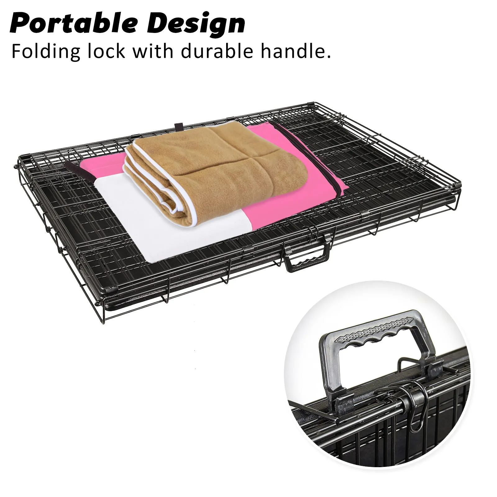 42in Collapsible Wire Dog Crate with Tray, Cushion & Pink Cover