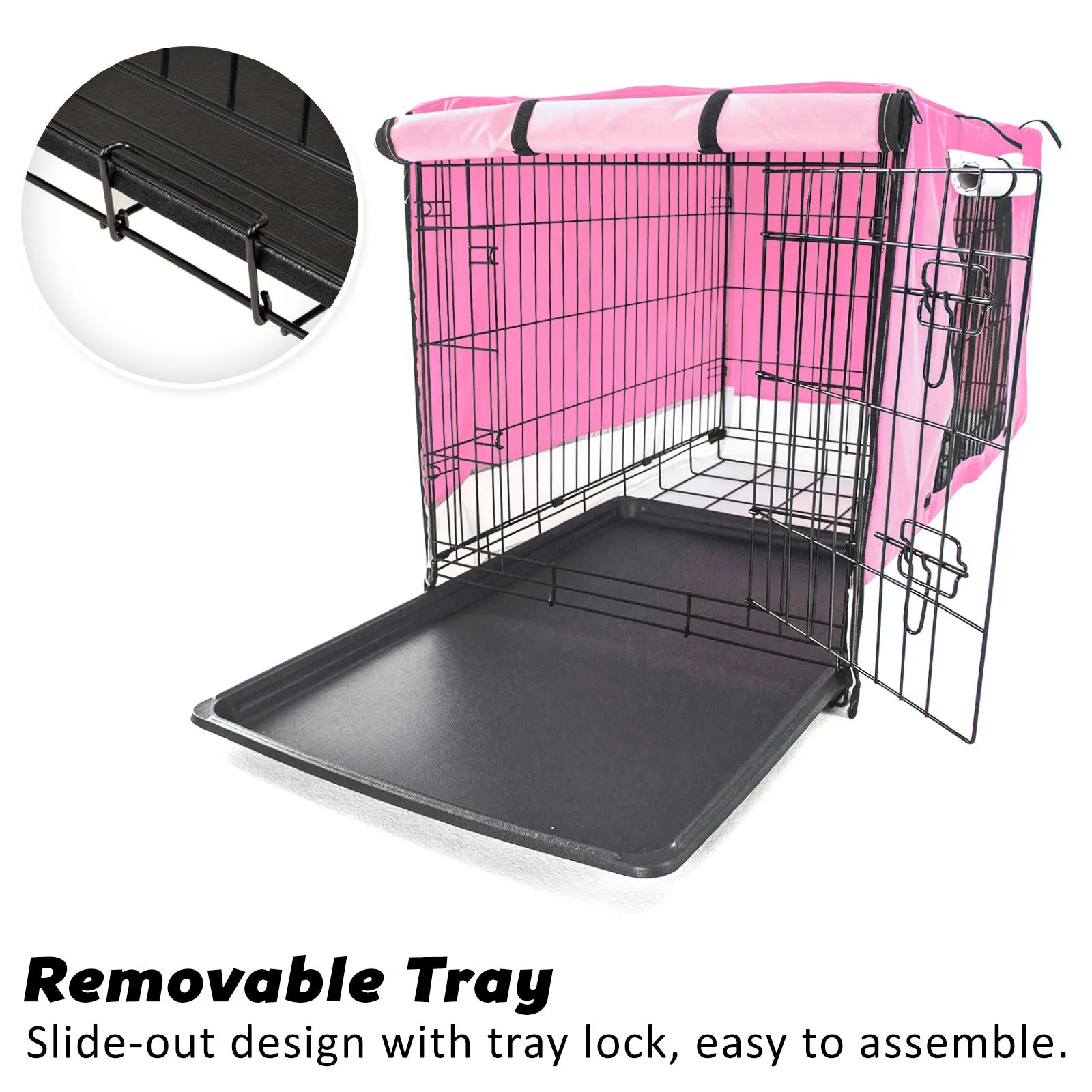 42in Collapsible Wire Dog Crate with Tray, Cushion & Pink Cover