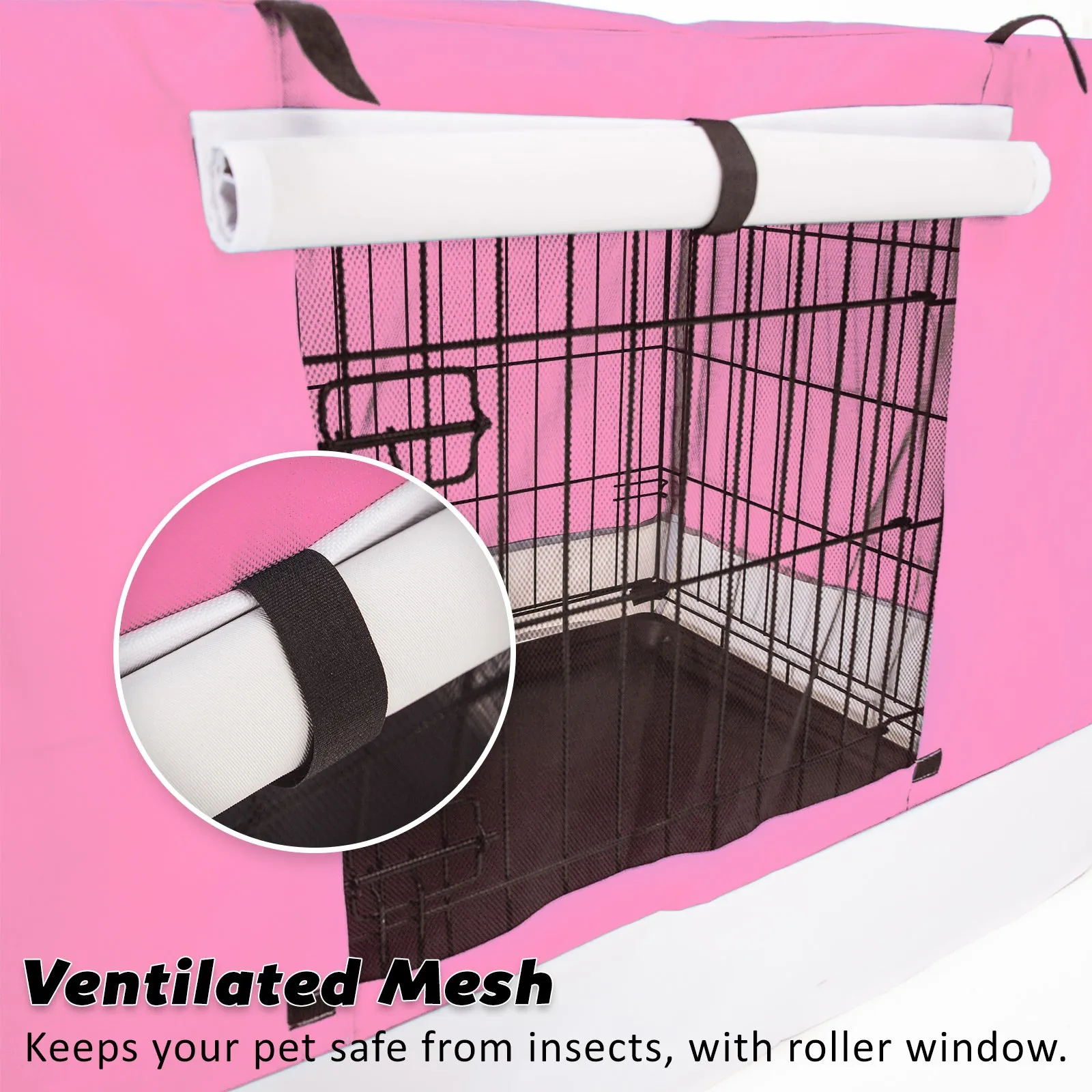 42in Collapsible Wire Dog Crate with Tray, Cushion & Pink Cover