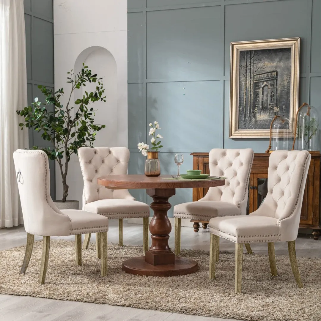 4x Velvet Upholstered Tufted Dining Chairs with Solid Wood Legs