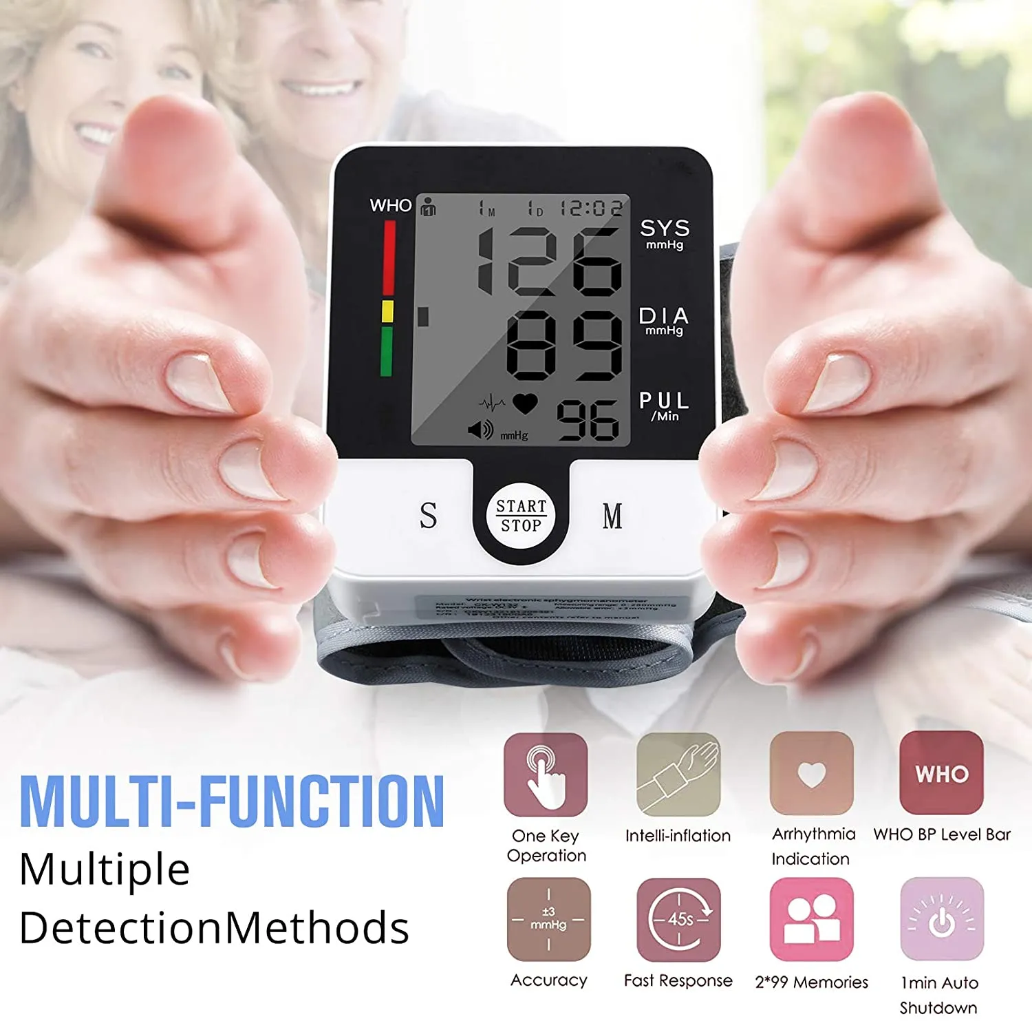 Automatic Wrist Blood Pressure Monitor, Irregular Heart Beat Detection Cuff, Large Display for Home Use