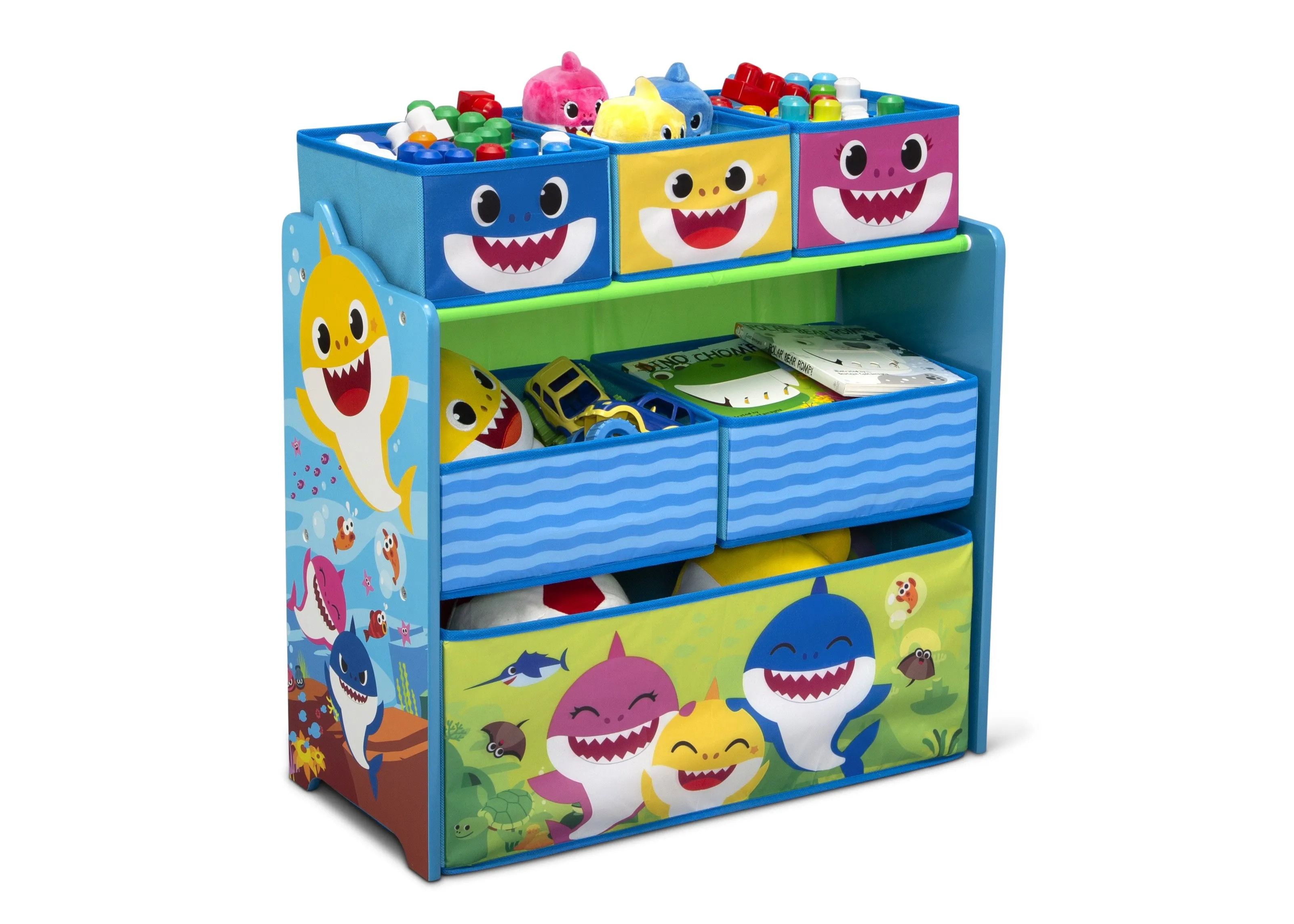 Baby Shark 4-Piece Playroom Solution  – Set Includes Table and 2 Chairs and 6-Bin Toy Organizer