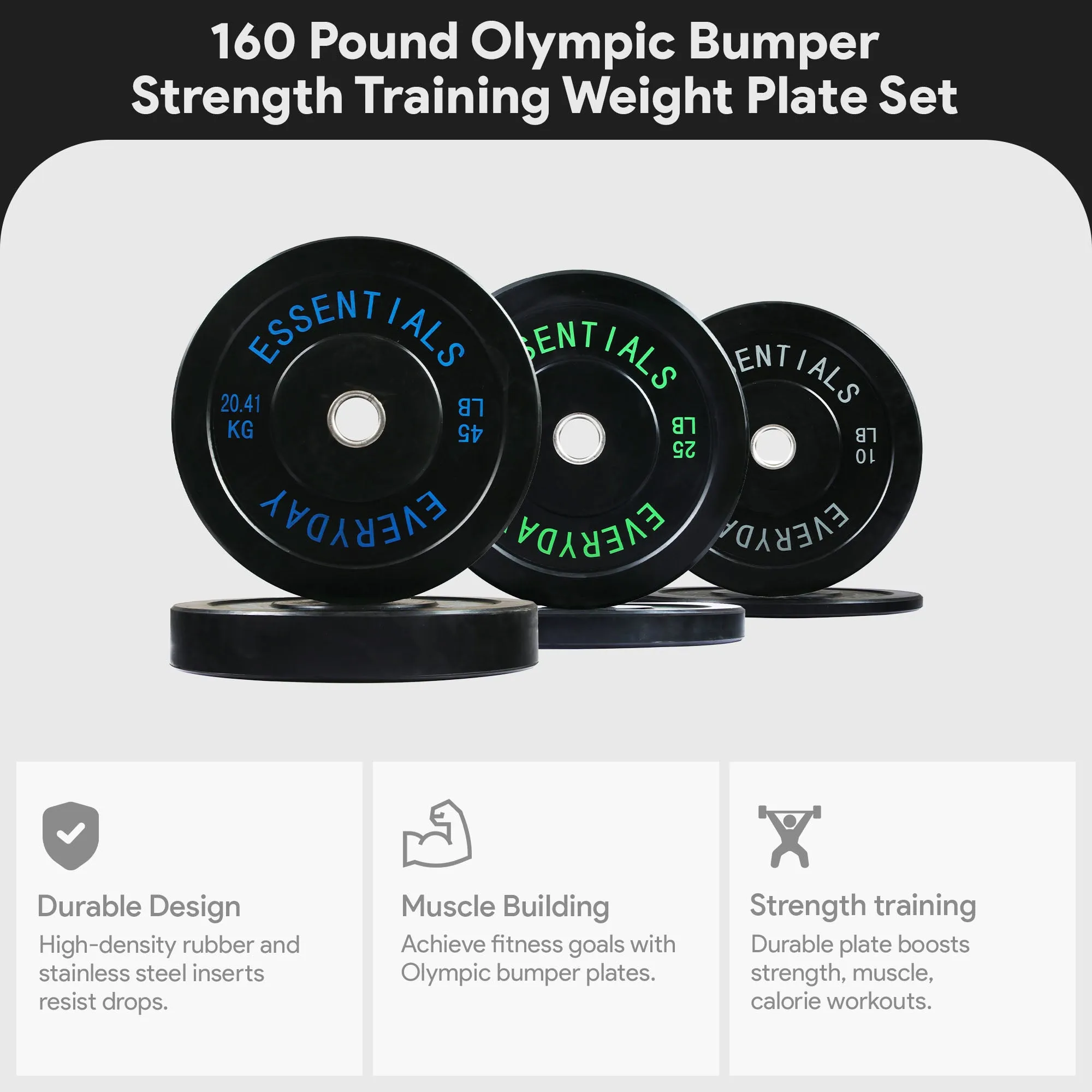 BalanceFrom Fitness 160 Pound Olympic Bumper Strength Training Weight Plate Set