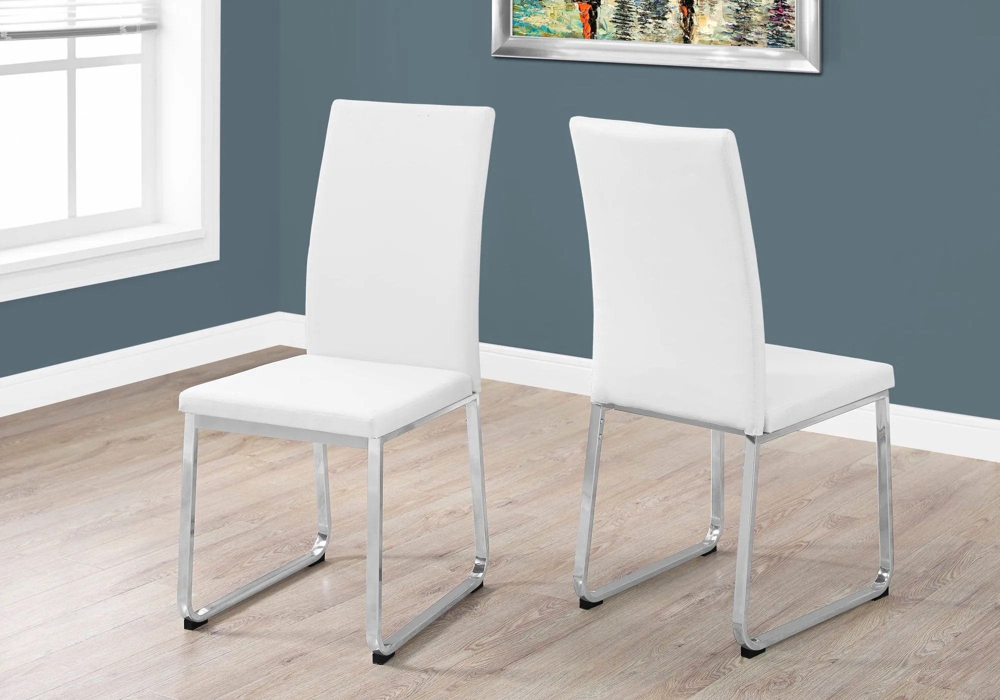 Dining Chair, Set Of 2, Side, Upholstered, Kitchen, Dining Room, White Leather Look, Chrome Metal, Contemporary, Modern