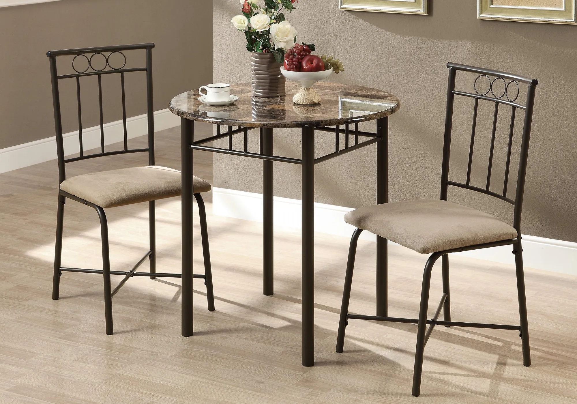 Dining Set - 3Pcs Set / Cappuccino Marble / Bronze Metal