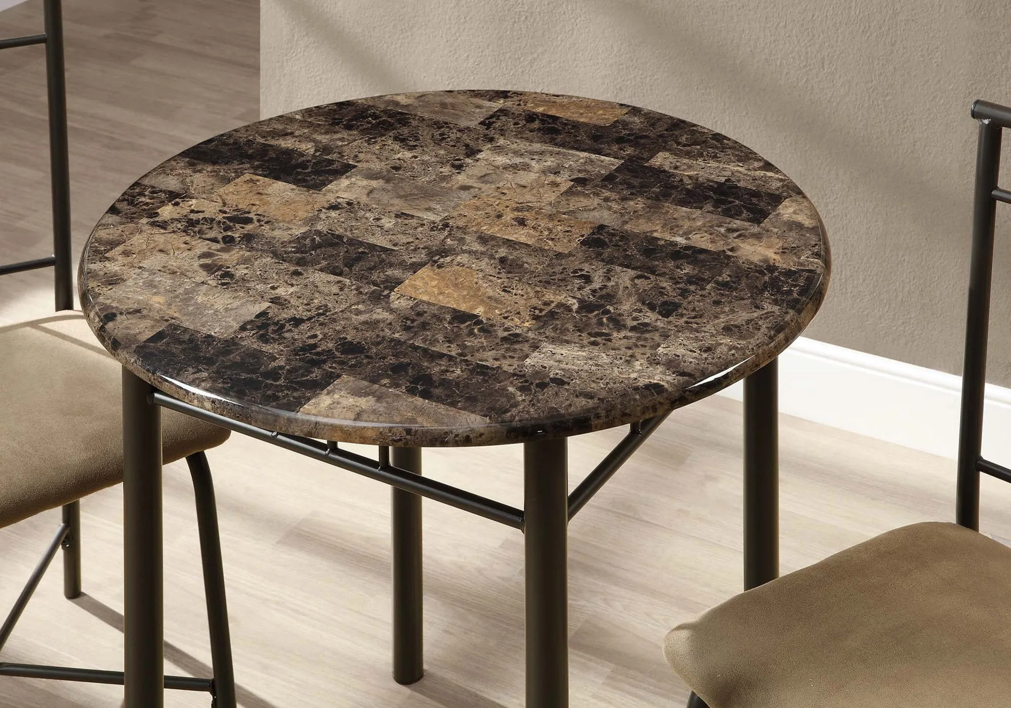 Dining Set - 3Pcs Set / Cappuccino Marble / Bronze Metal