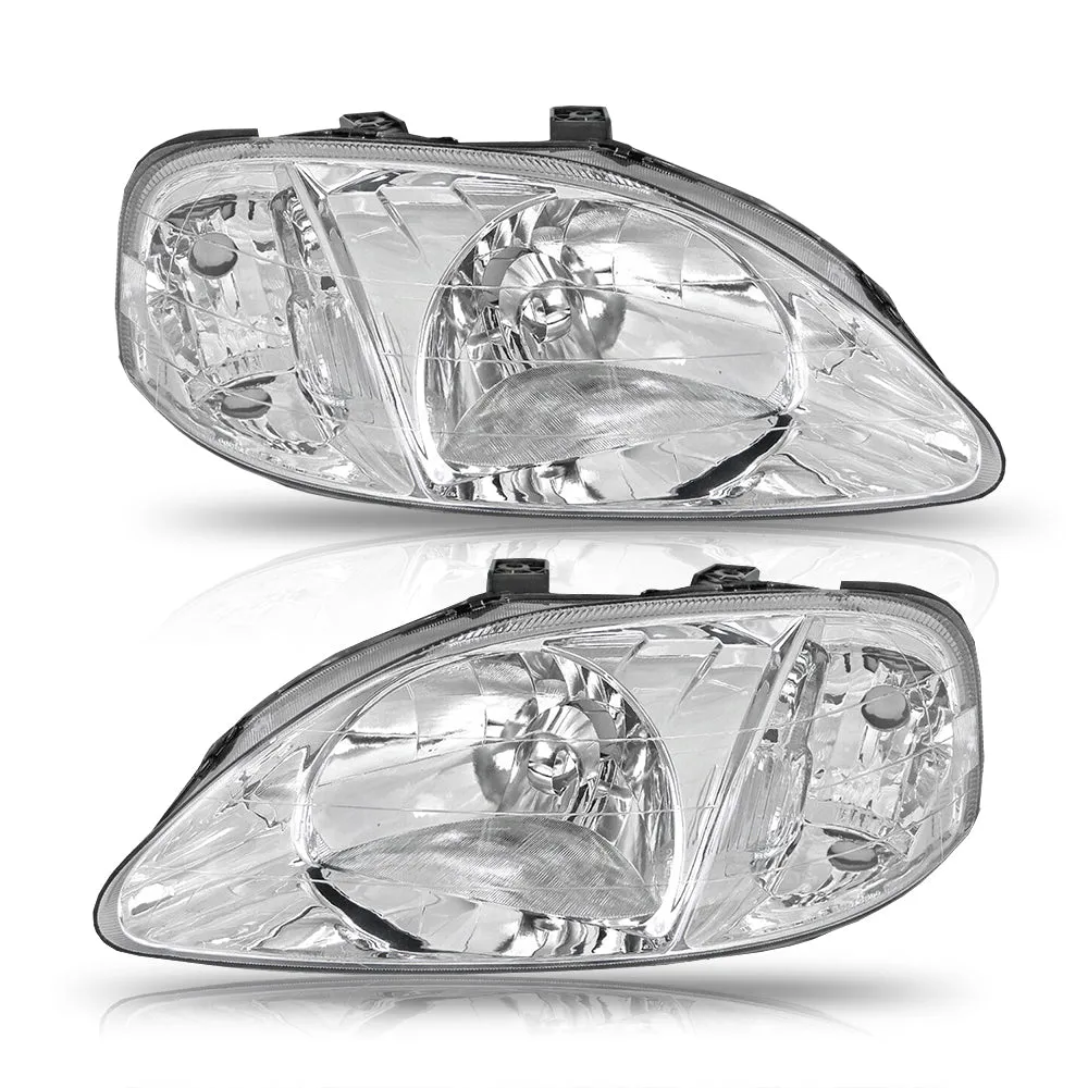 Headlight Assembly Compatible with 1999-2000 Honda Civic 2/3/4dr Models Chrome Housing White Reflector Pair