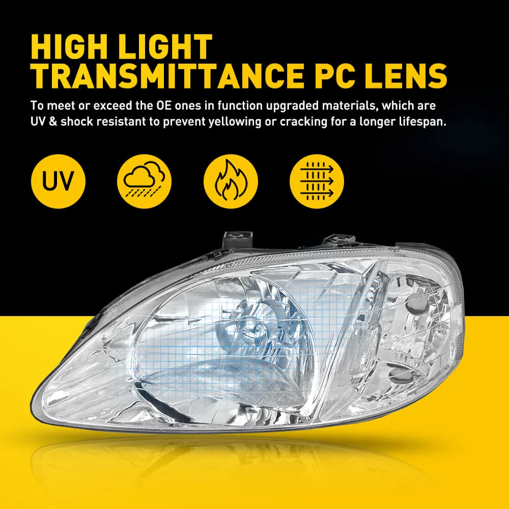 Headlight Assembly Compatible with 1999-2000 Honda Civic 2/3/4dr Models Chrome Housing White Reflector Pair