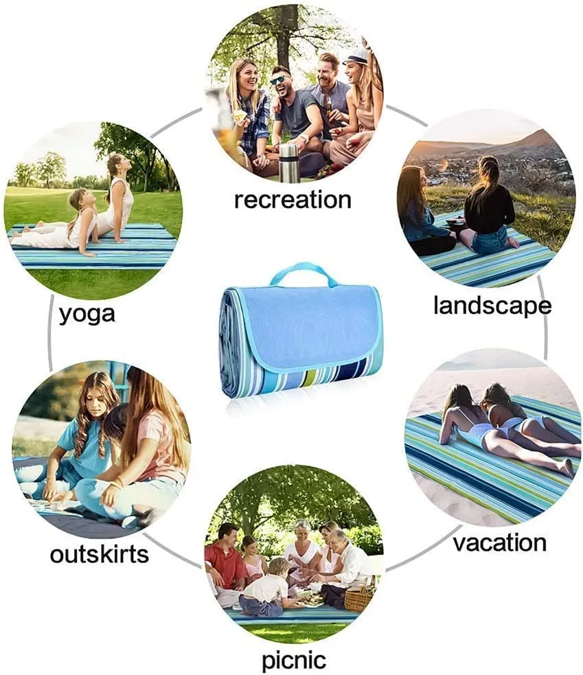 KOMRID Picnic Beach Camping Blankets, Outdoor Picnic Mat for Family, Beach, Park, Travel, Camping, Hiking and Music Festivals with Bags(57" x 79") (Blue)