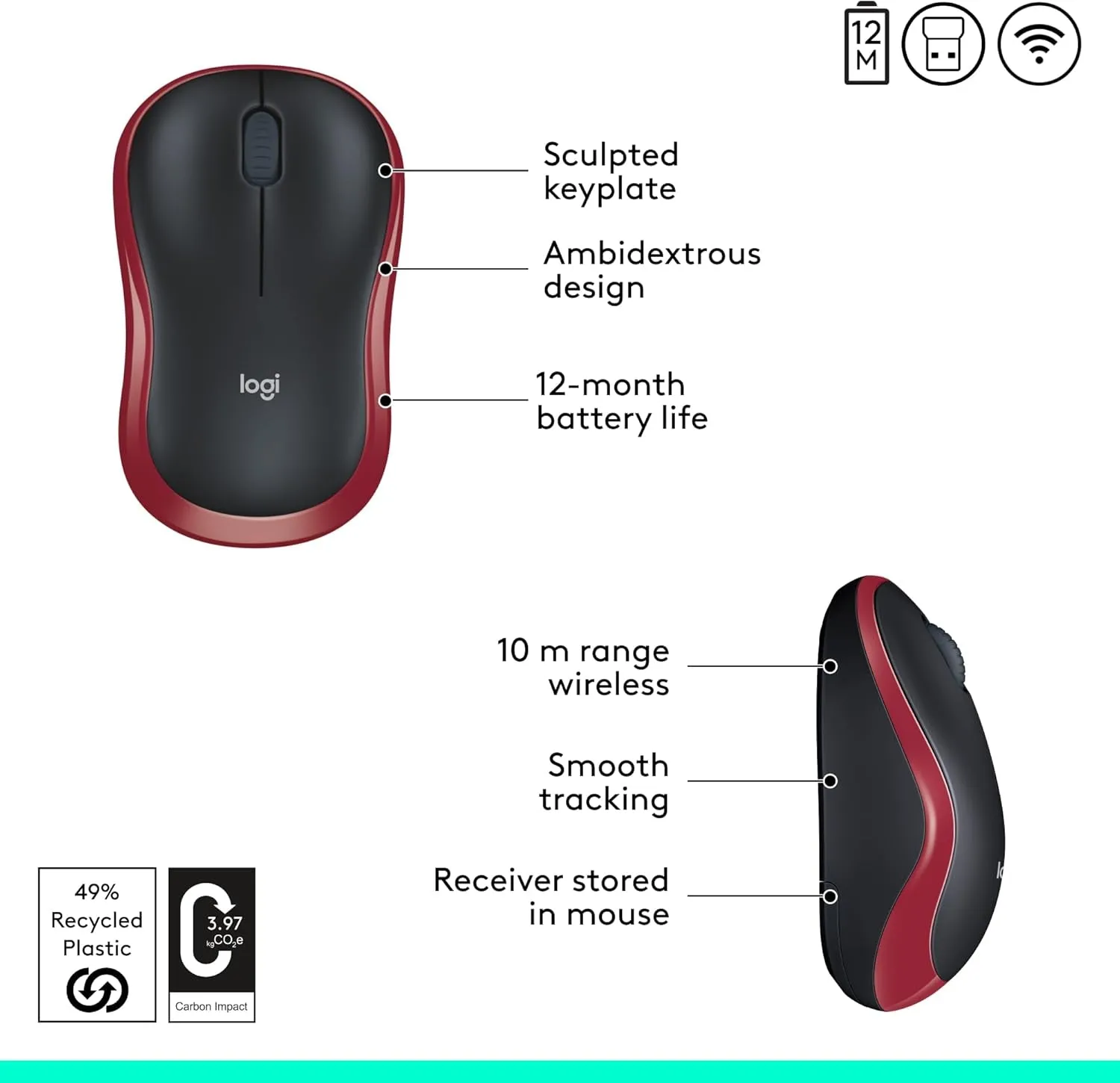 Logitech M185 Wireless Mouse, 2.4Ghz with USB Mini Receiver, 12-Month Battery Life, 1000 DPI Optical Tracking, Ambidextrous, Compatible with PC, Mac, Laptop - Red