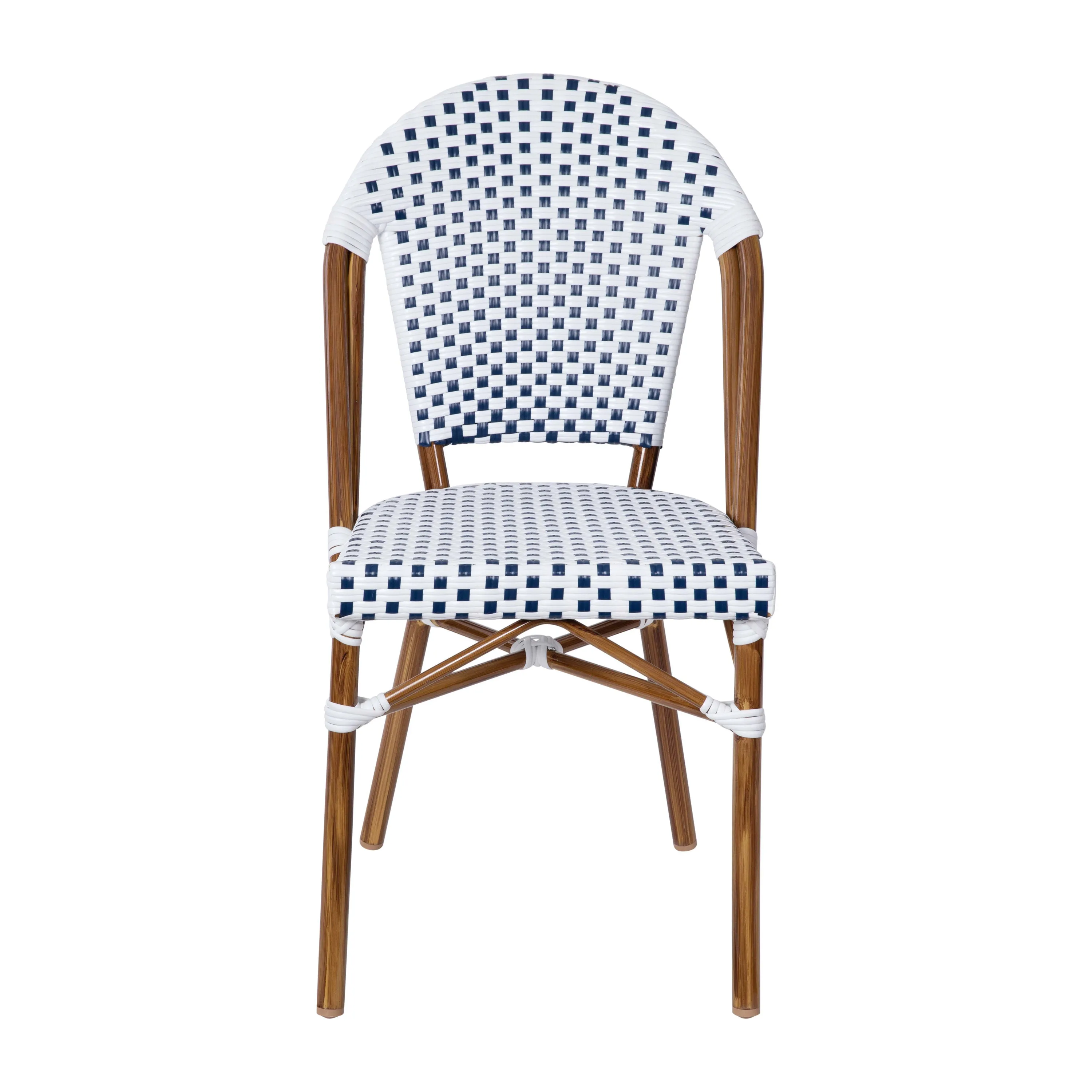 Lourdes Indoor/Outdoor Commercial Bistro Stacking Chair, PE Rattan Back and Seat, Bamboo Print Aluminum Frame