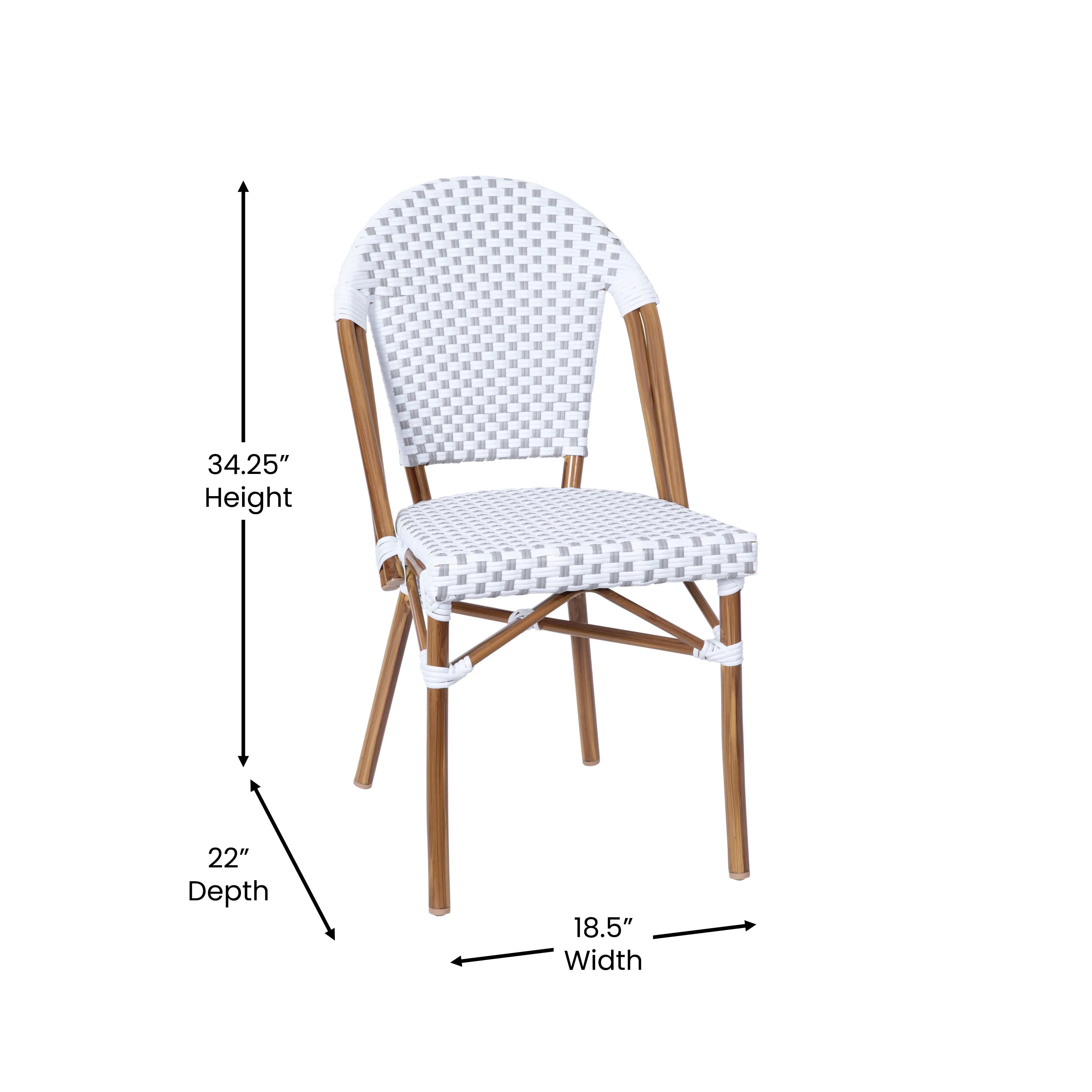 Lourdes Indoor/Outdoor Commercial Bistro Stacking Chair, PE Rattan Back and Seat, Bamboo Print Aluminum Frame