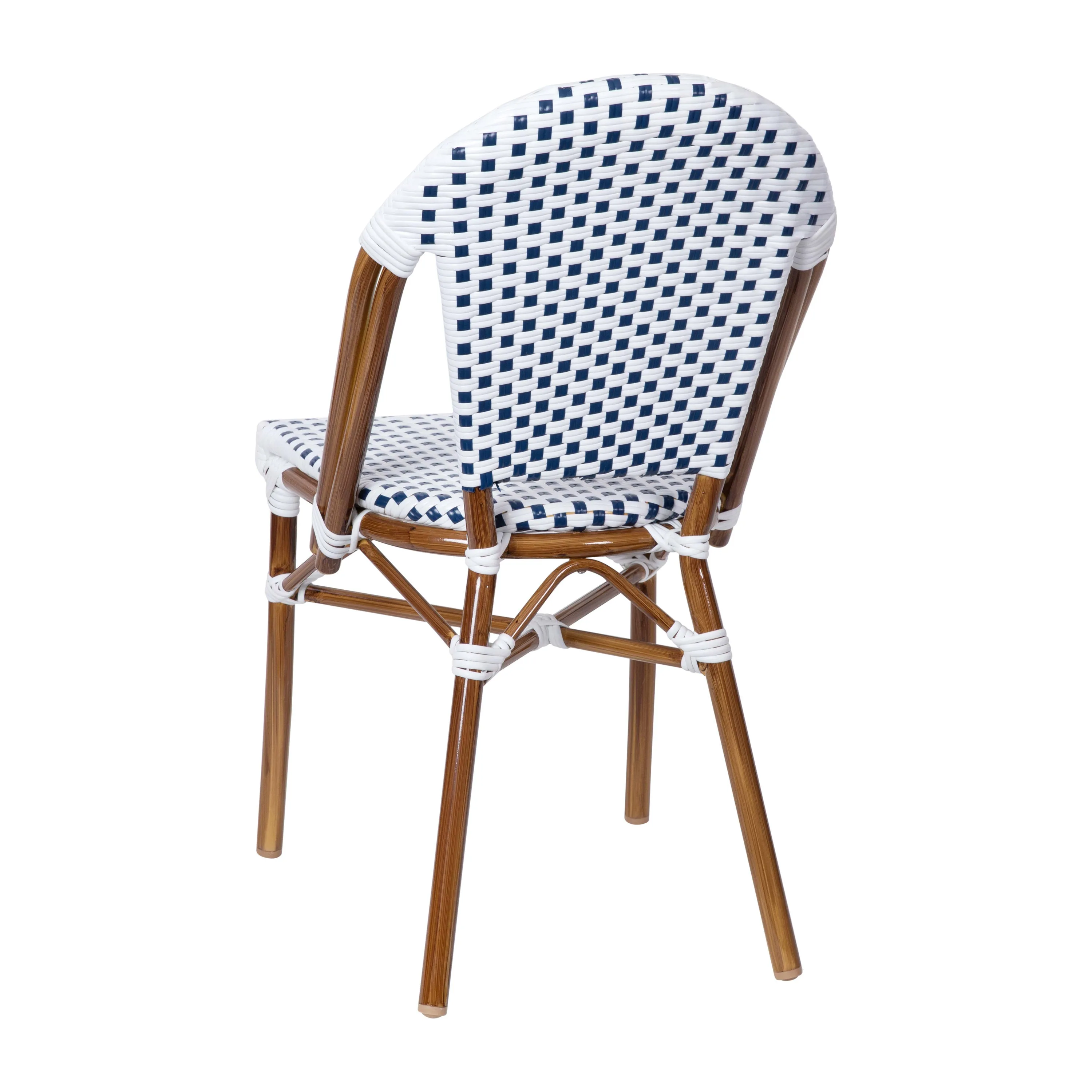 Lourdes Indoor/Outdoor Commercial Bistro Stacking Chair, PE Rattan Back and Seat, Bamboo Print Aluminum Frame