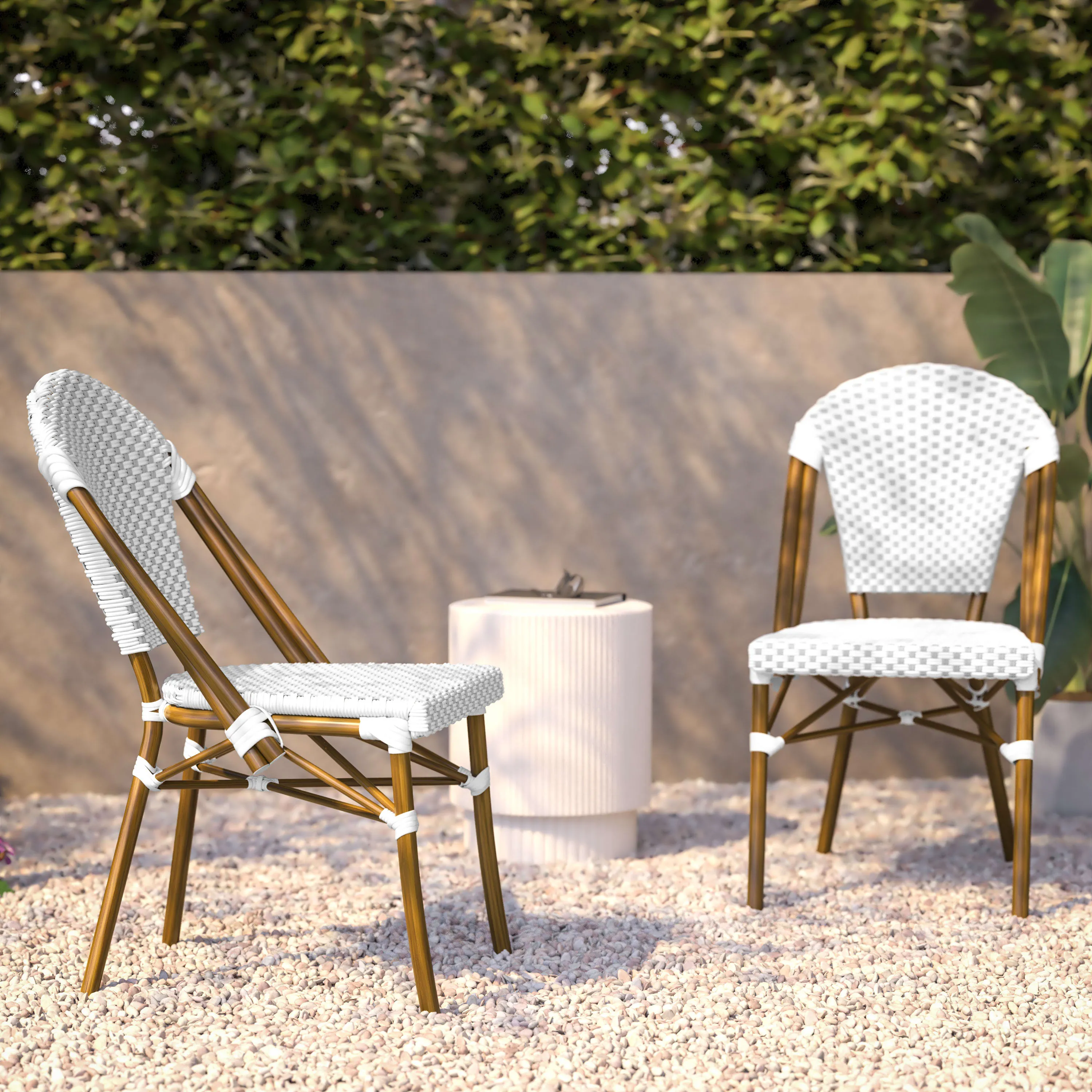 Lourdes Indoor/Outdoor Commercial Bistro Stacking Chair, PE Rattan Back and Seat, Bamboo Print Aluminum Frame