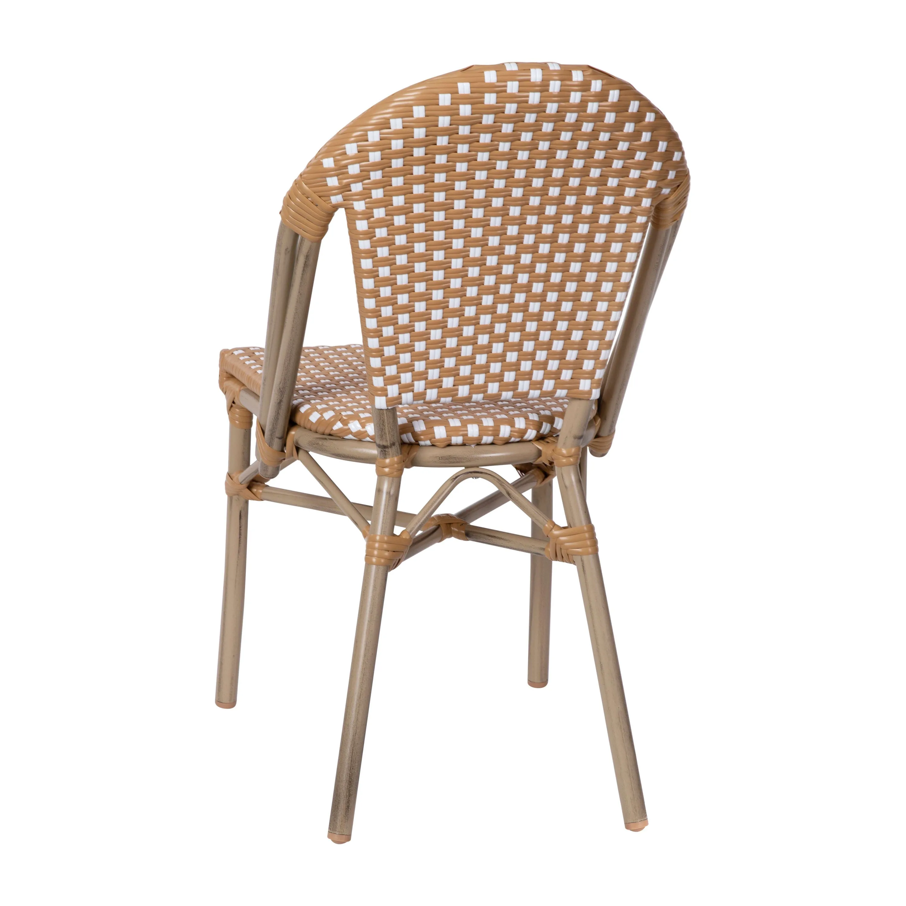 Lourdes Indoor/Outdoor Commercial Bistro Stacking Chair, PE Rattan Back and Seat, Bamboo Print Aluminum Frame