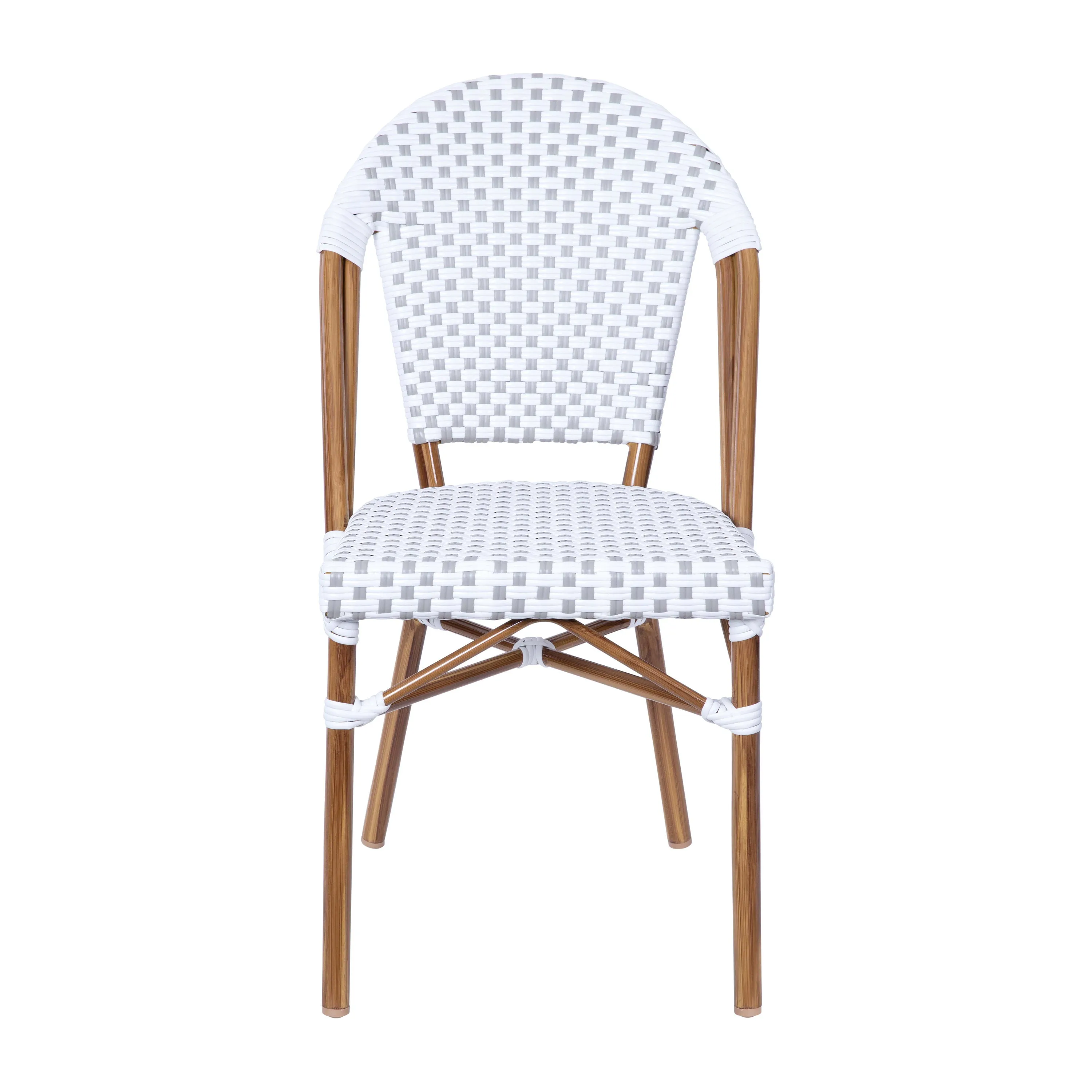 Lourdes Indoor/Outdoor Commercial Bistro Stacking Chair, PE Rattan Back and Seat, Bamboo Print Aluminum Frame