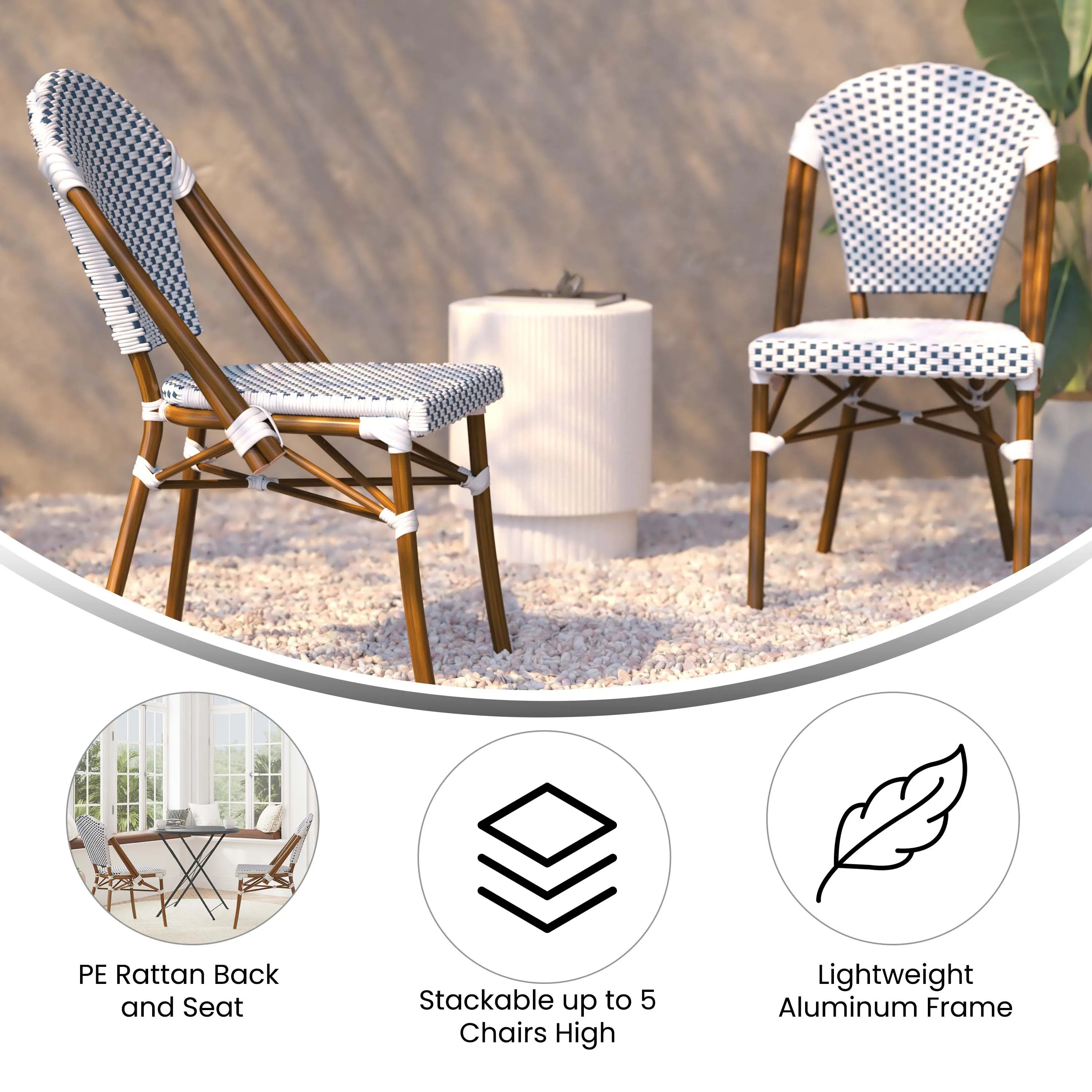 Lourdes Indoor/Outdoor Commercial Bistro Stacking Chair, PE Rattan Back and Seat, Bamboo Print Aluminum Frame