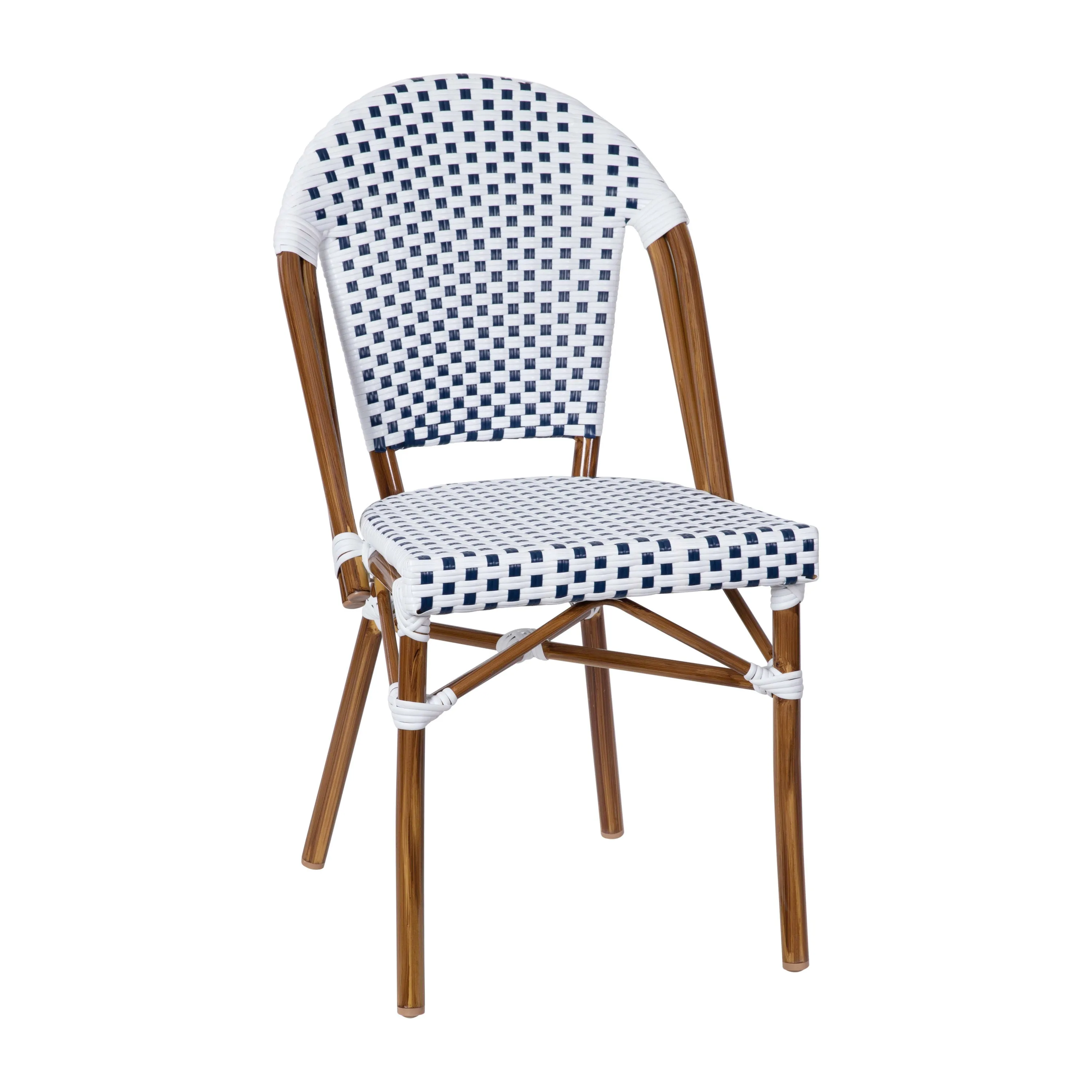 Lourdes Indoor/Outdoor Commercial Bistro Stacking Chair, PE Rattan Back and Seat, Bamboo Print Aluminum Frame