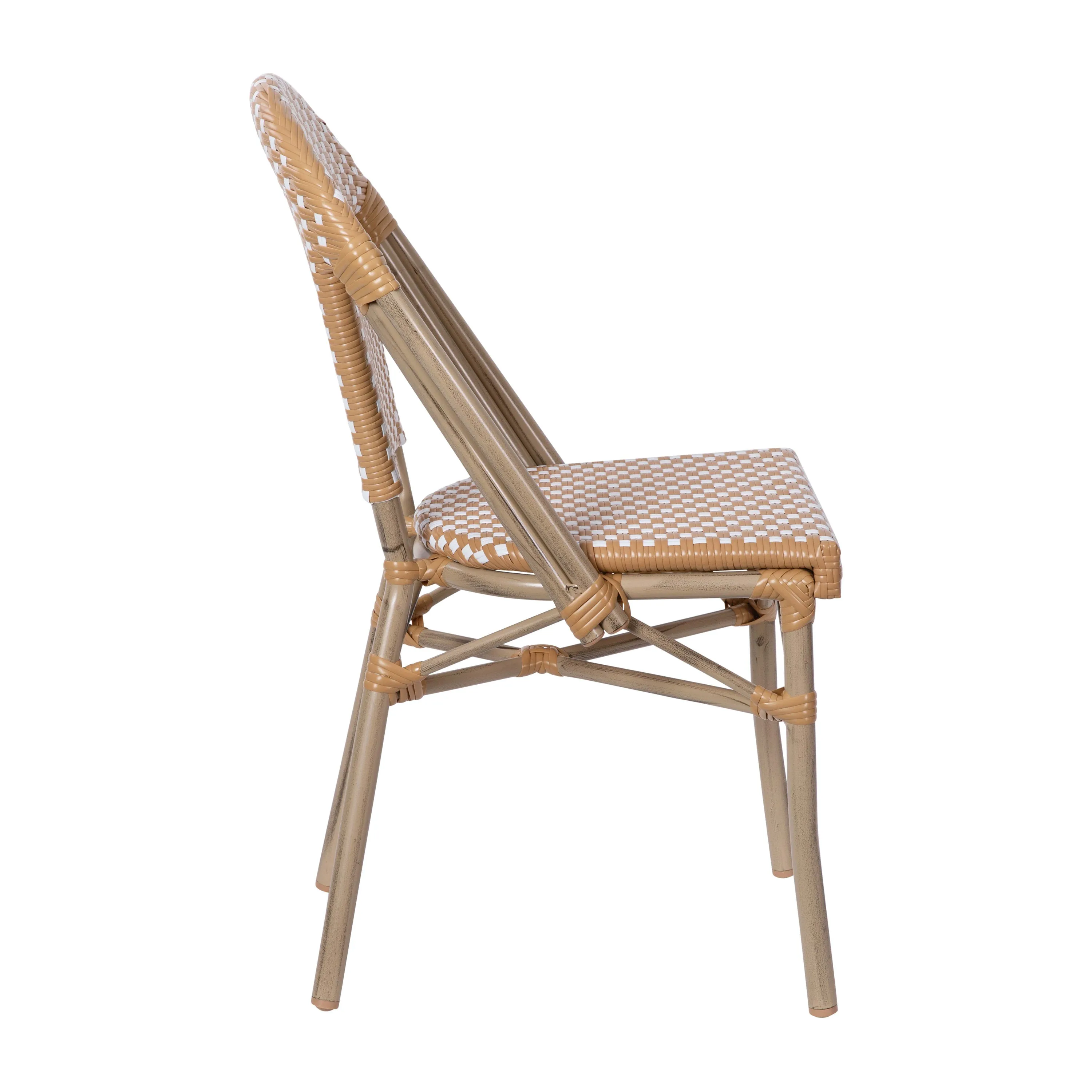 Lourdes Indoor/Outdoor Commercial Bistro Stacking Chair, PE Rattan Back and Seat, Bamboo Print Aluminum Frame