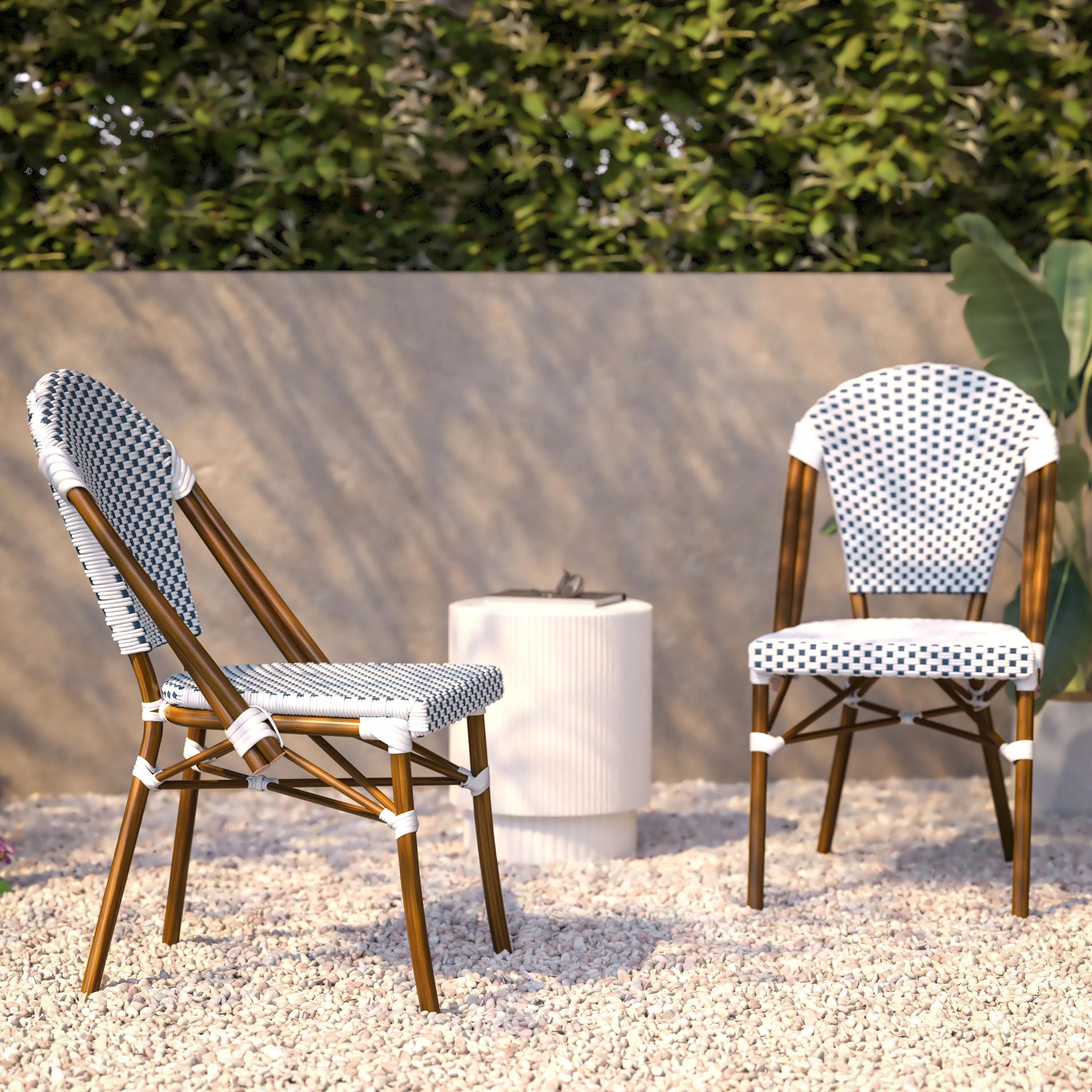 Lourdes Indoor/Outdoor Commercial Bistro Stacking Chair, PE Rattan Back and Seat, Bamboo Print Aluminum Frame