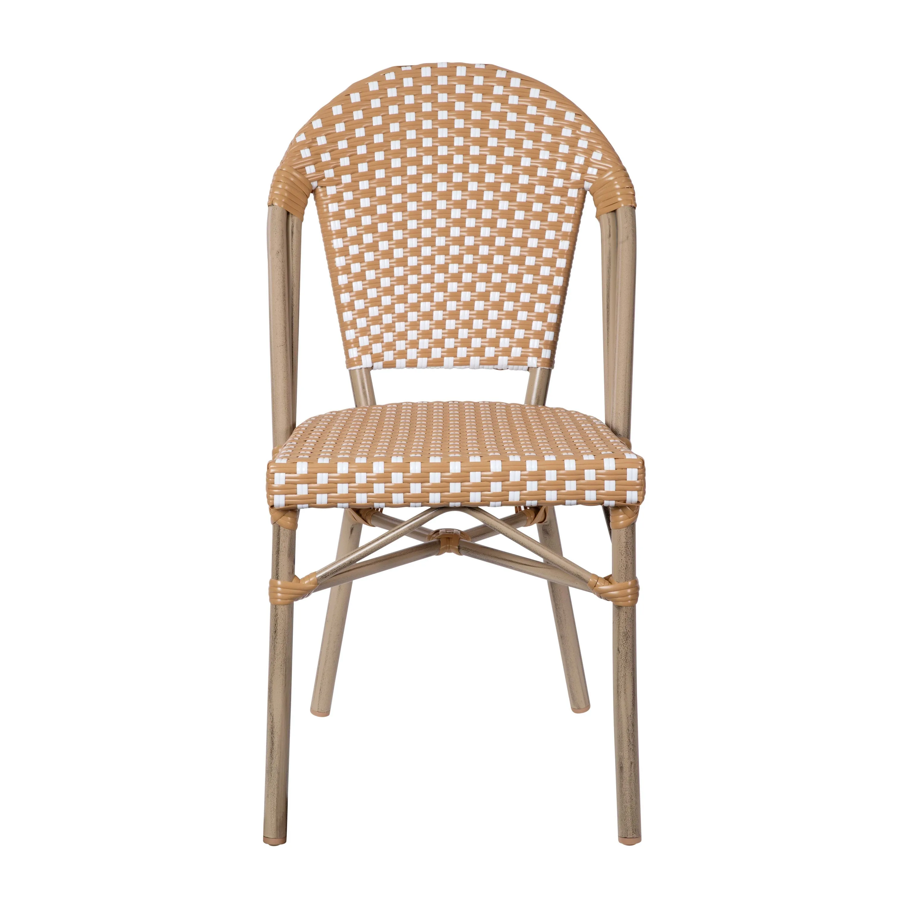 Lourdes Indoor/Outdoor Commercial Bistro Stacking Chair, PE Rattan Back and Seat, Bamboo Print Aluminum Frame