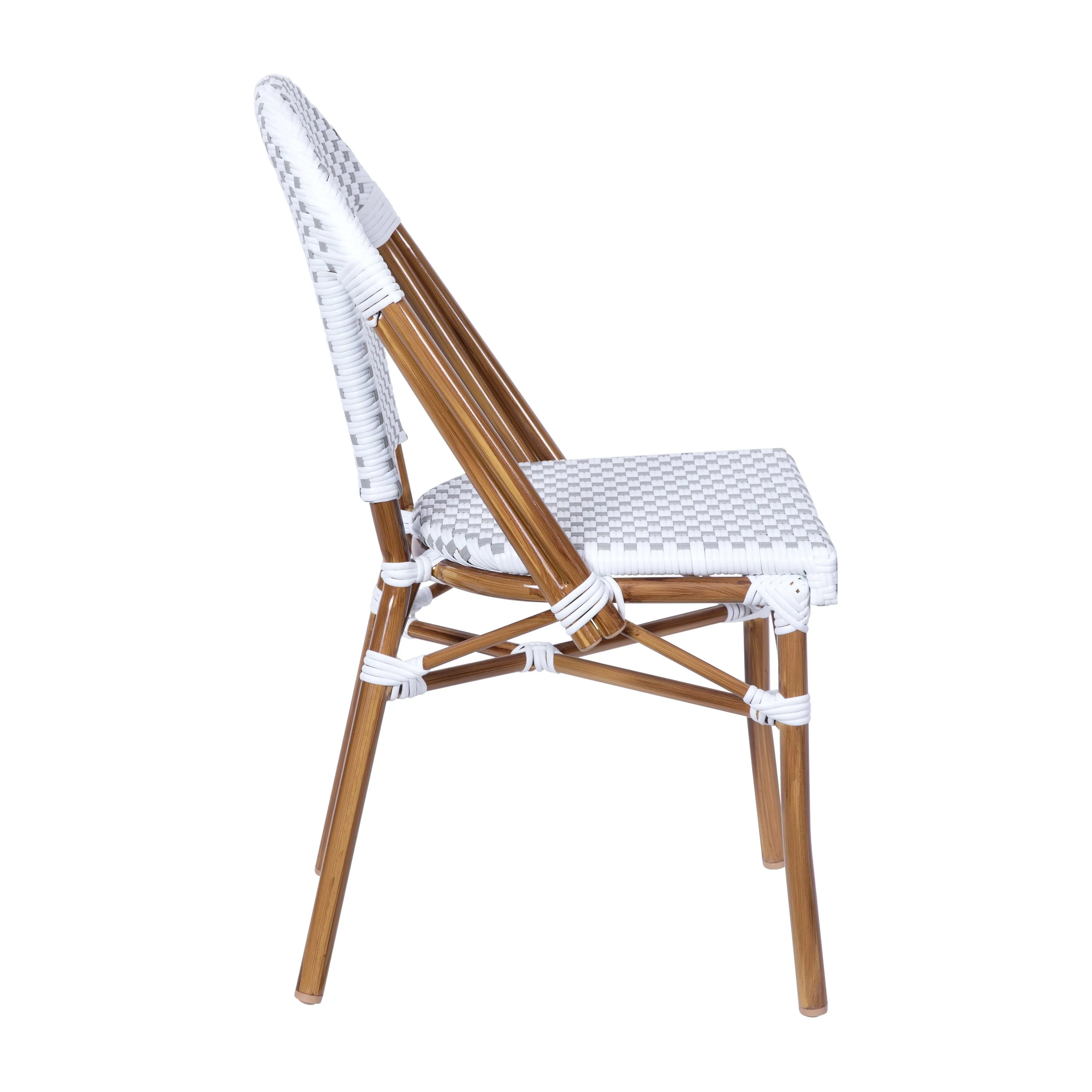 Lourdes Indoor/Outdoor Commercial Bistro Stacking Chair, PE Rattan Back and Seat, Bamboo Print Aluminum Frame