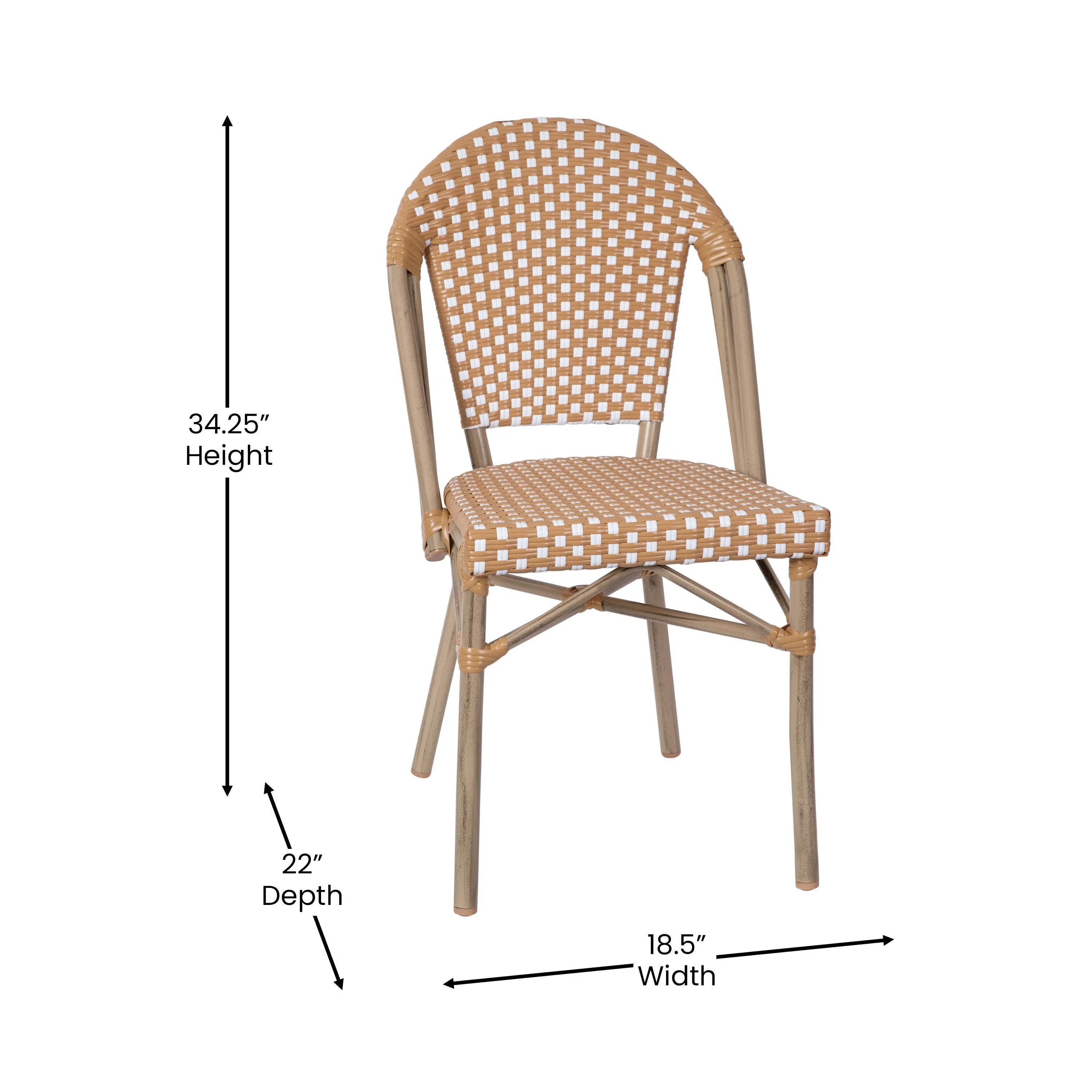 Lourdes Indoor/Outdoor Commercial Bistro Stacking Chair, PE Rattan Back and Seat, Bamboo Print Aluminum Frame