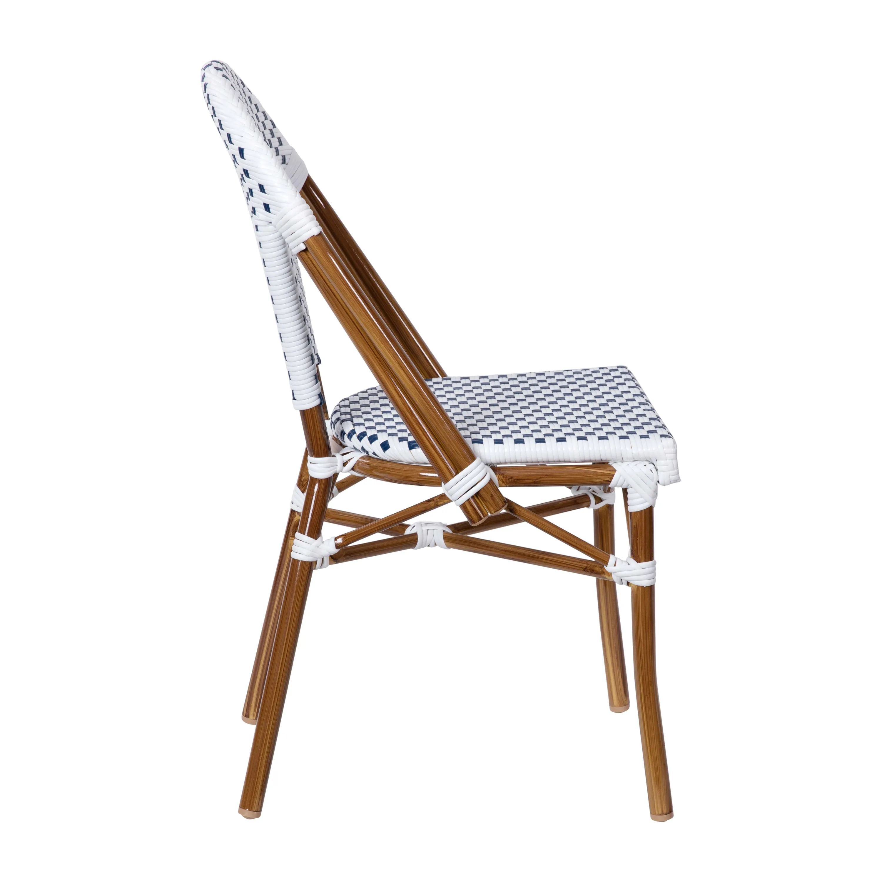 Lourdes Indoor/Outdoor Commercial Bistro Stacking Chair, PE Rattan Back and Seat, Bamboo Print Aluminum Frame