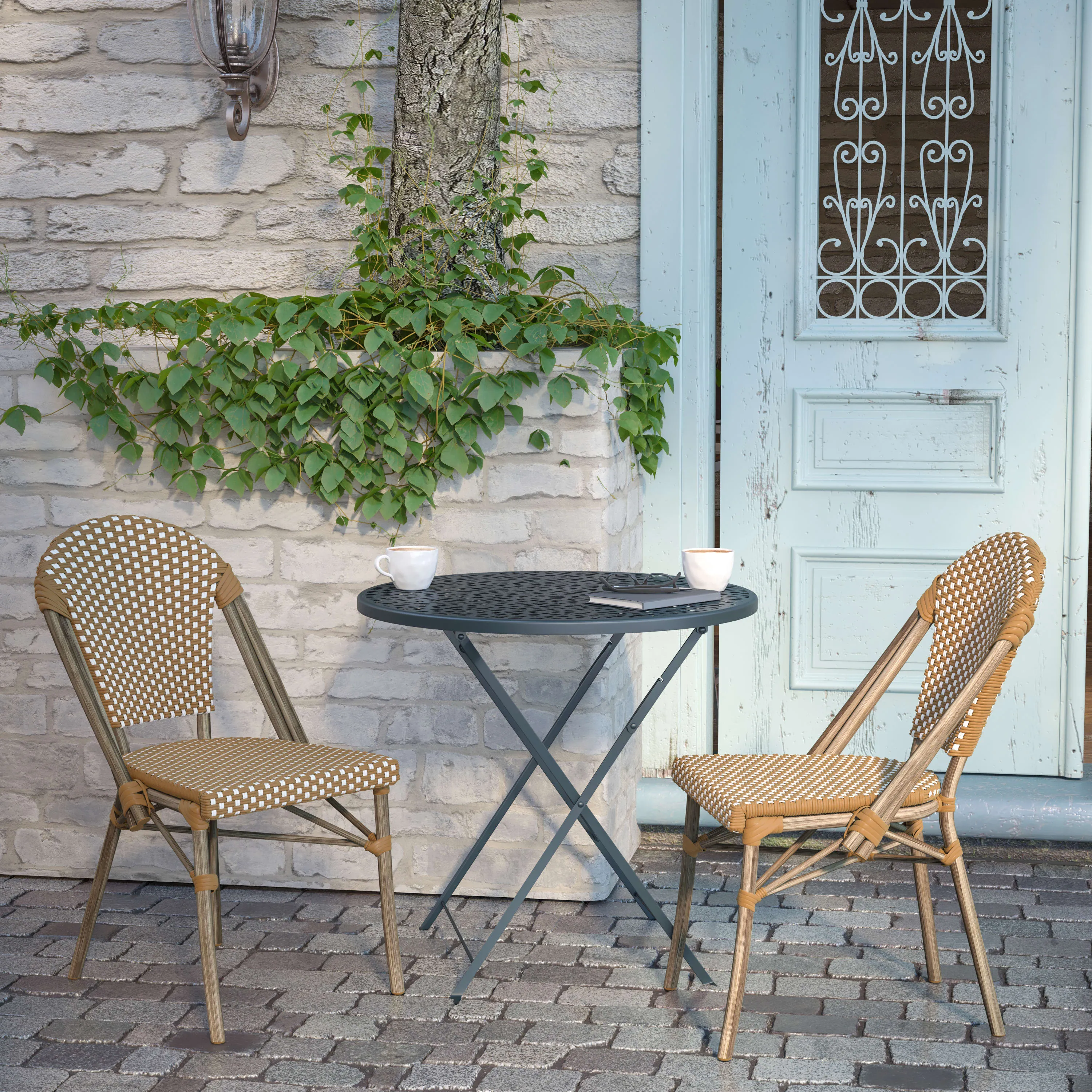 Lourdes Indoor/Outdoor Commercial Bistro Stacking Chair, PE Rattan Back and Seat, Bamboo Print Aluminum Frame