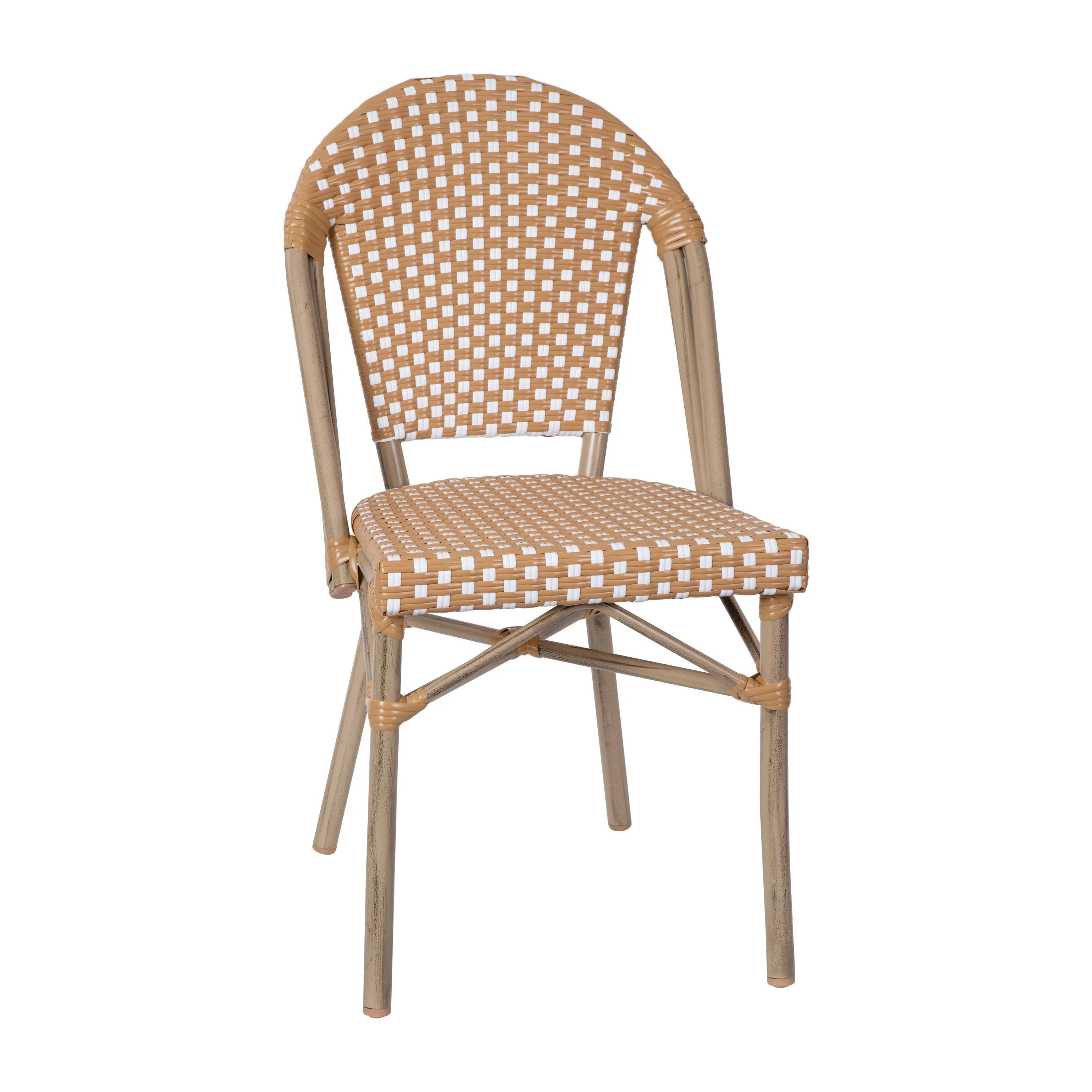 Lourdes Indoor/Outdoor Commercial Bistro Stacking Chair, PE Rattan Back and Seat, Bamboo Print Aluminum Frame