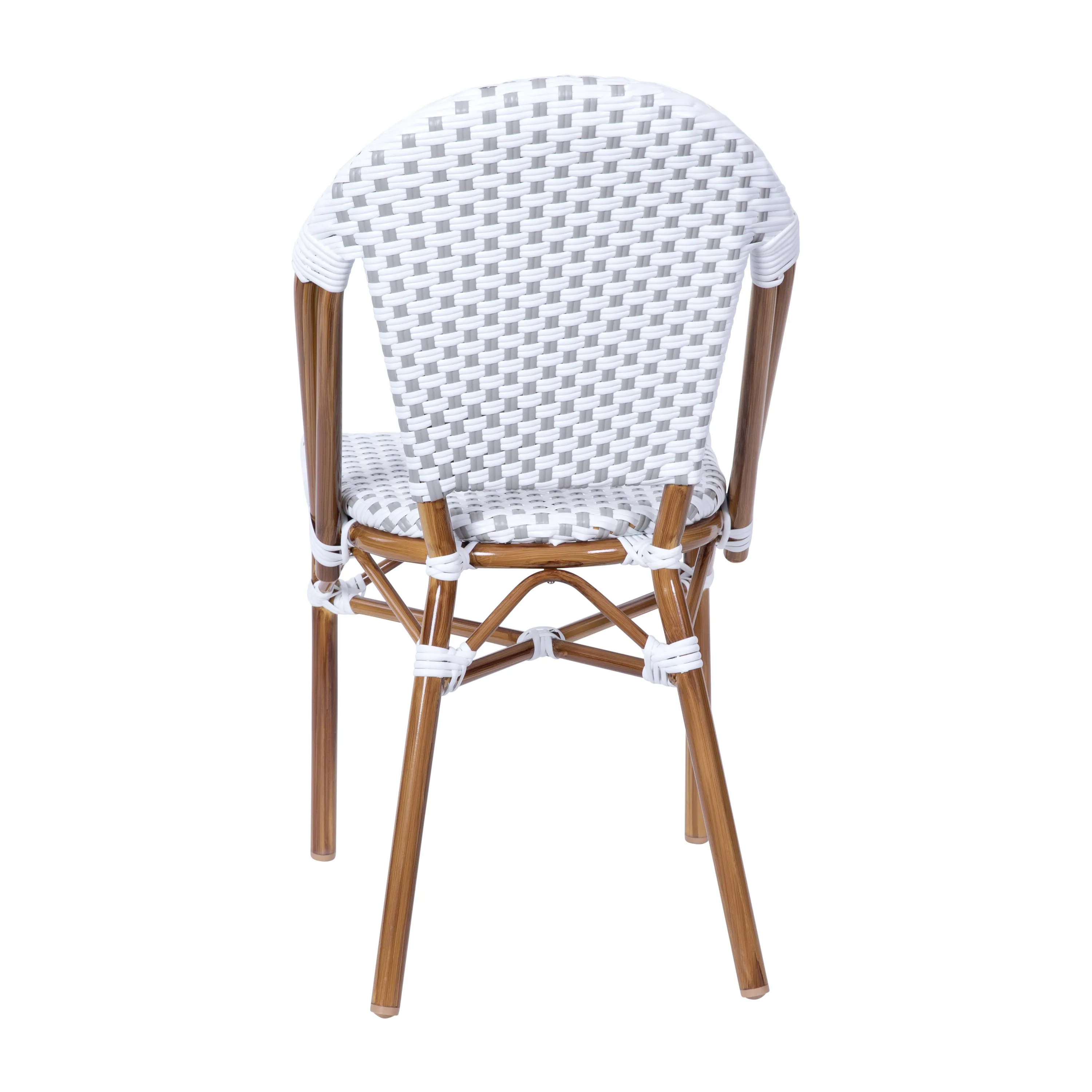 Lourdes Indoor/Outdoor Commercial Bistro Stacking Chair, PE Rattan Back and Seat, Bamboo Print Aluminum Frame