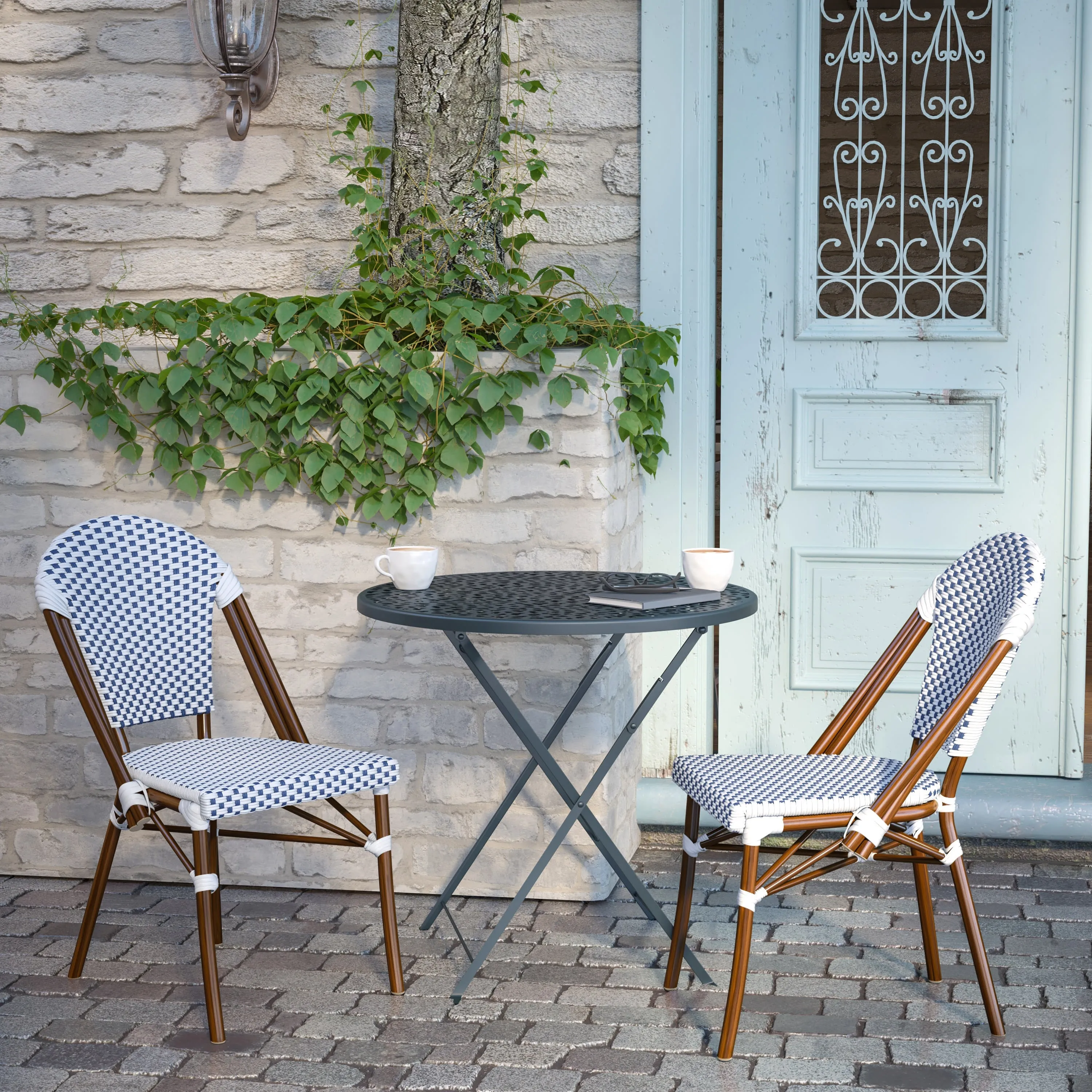 Lourdes Indoor/Outdoor Commercial Bistro Stacking Chair, PE Rattan Back and Seat, Bamboo Print Aluminum Frame