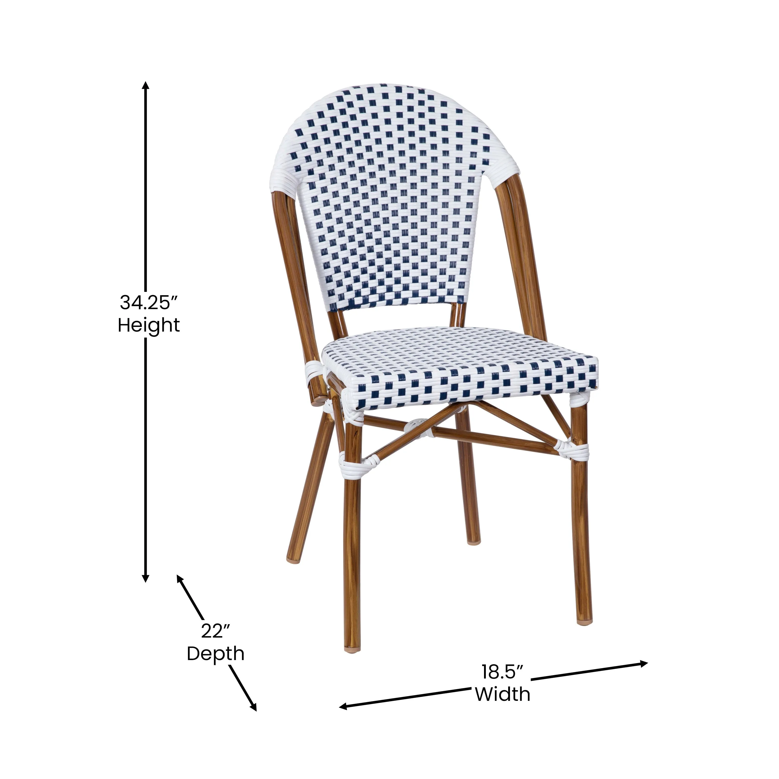 Lourdes Indoor/Outdoor Commercial Bistro Stacking Chair, PE Rattan Back and Seat, Bamboo Print Aluminum Frame