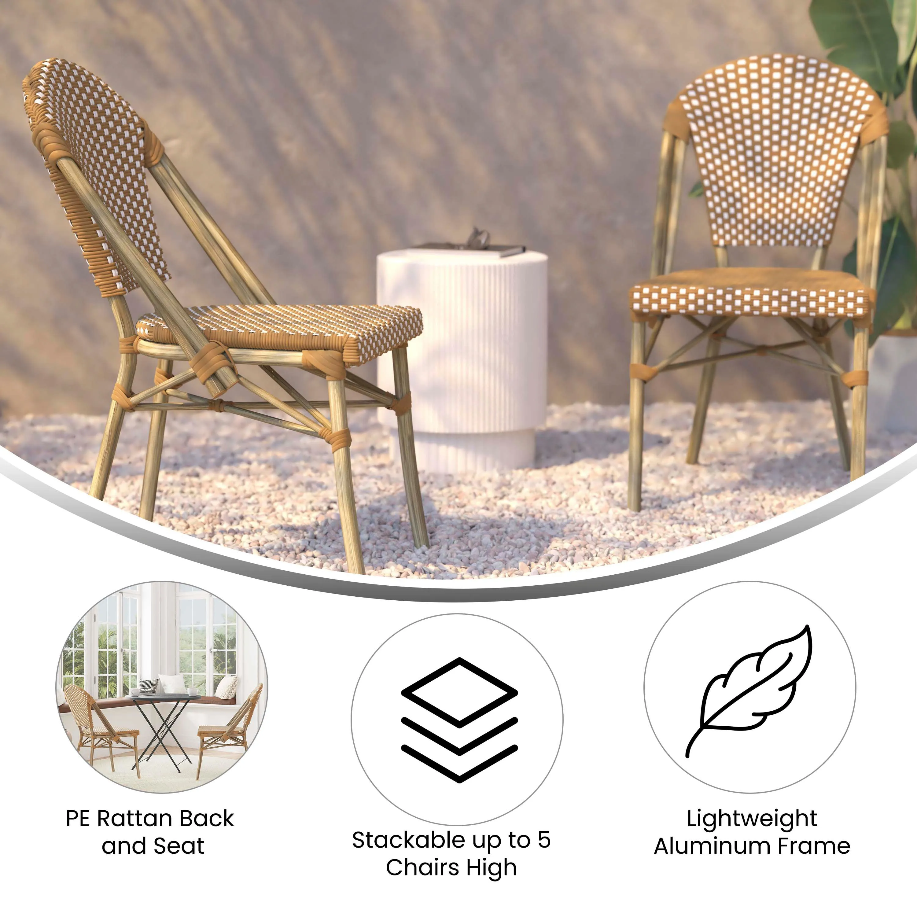 Lourdes Indoor/Outdoor Commercial Bistro Stacking Chair, PE Rattan Back and Seat, Bamboo Print Aluminum Frame