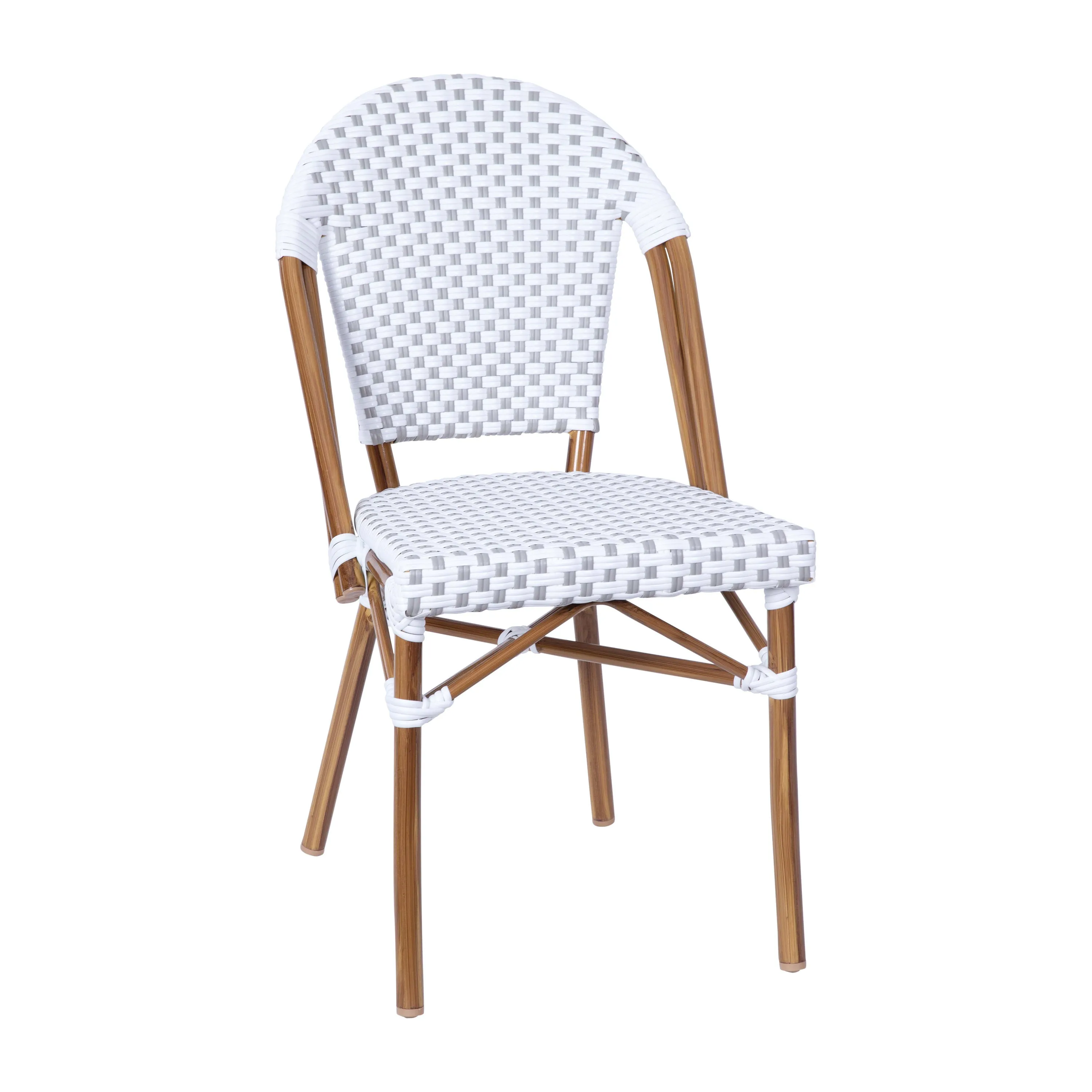 Lourdes Indoor/Outdoor Commercial Bistro Stacking Chair, PE Rattan Back and Seat, Bamboo Print Aluminum Frame