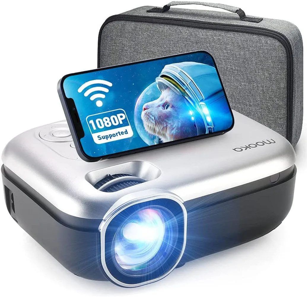 MOOKA Projector with WiFi, 8000L with Carrying Bag, Support 200" Full HD, Gray