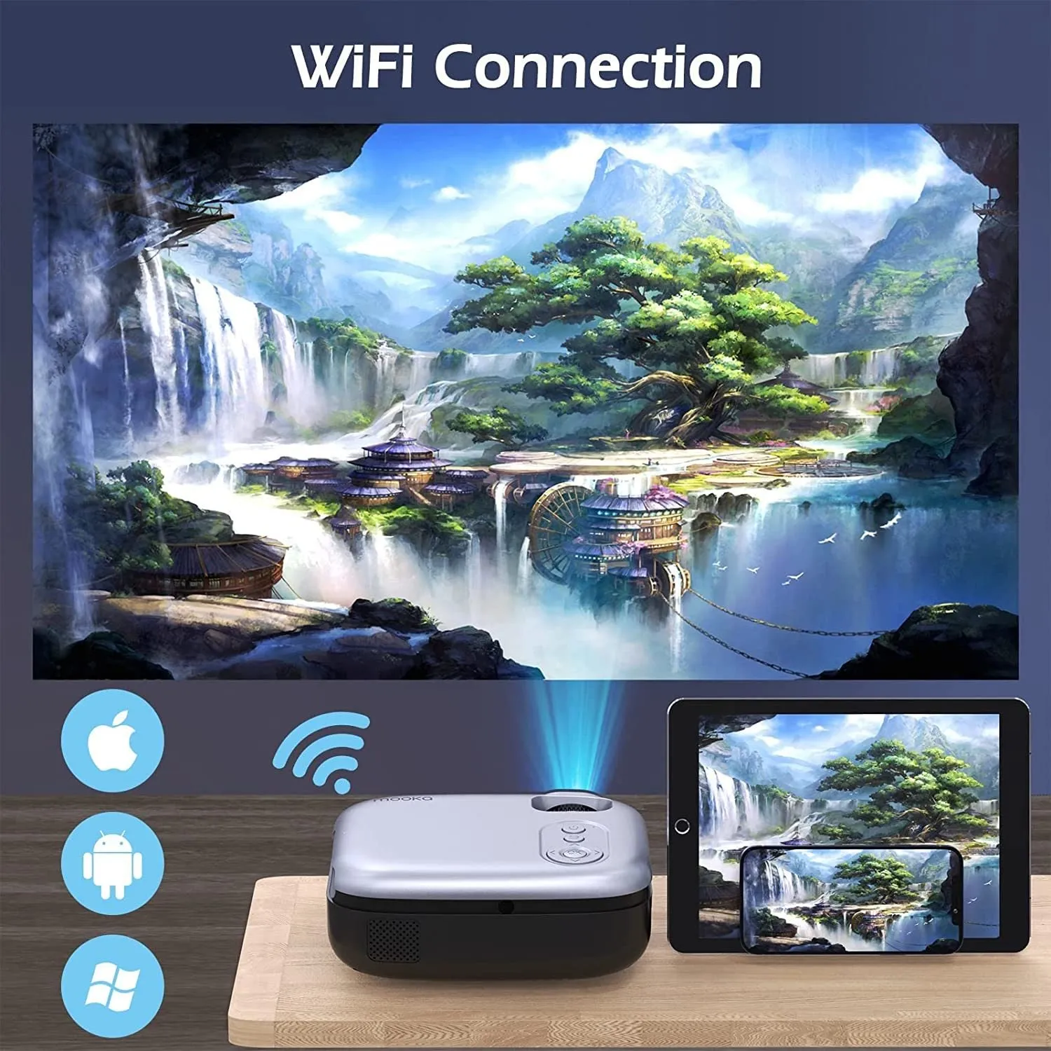 MOOKA Projector with WiFi, 8000L with Carrying Bag, Support 200" Full HD, Gray