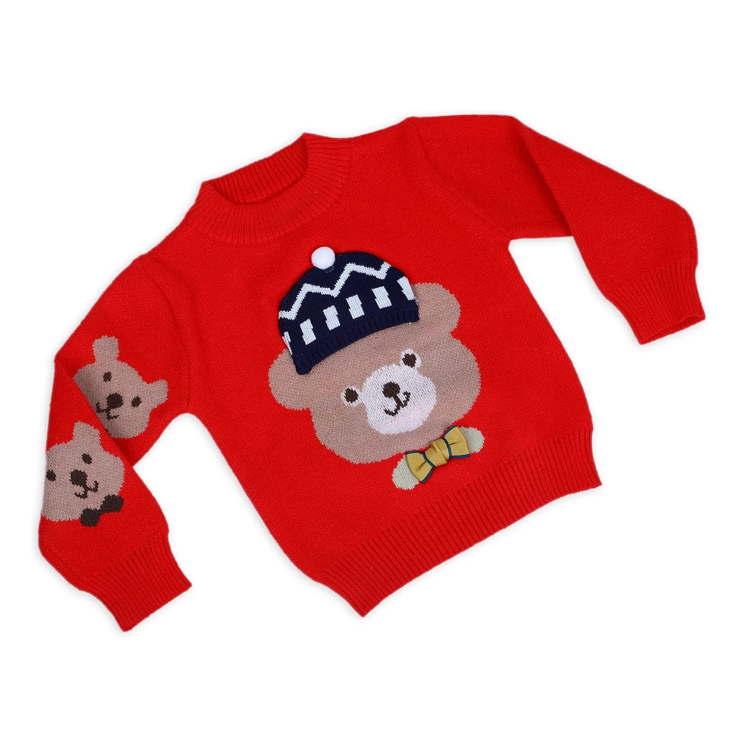 Mr. Bear Premium Full Sleeves Knitted Sweater With 3D Applique - Red