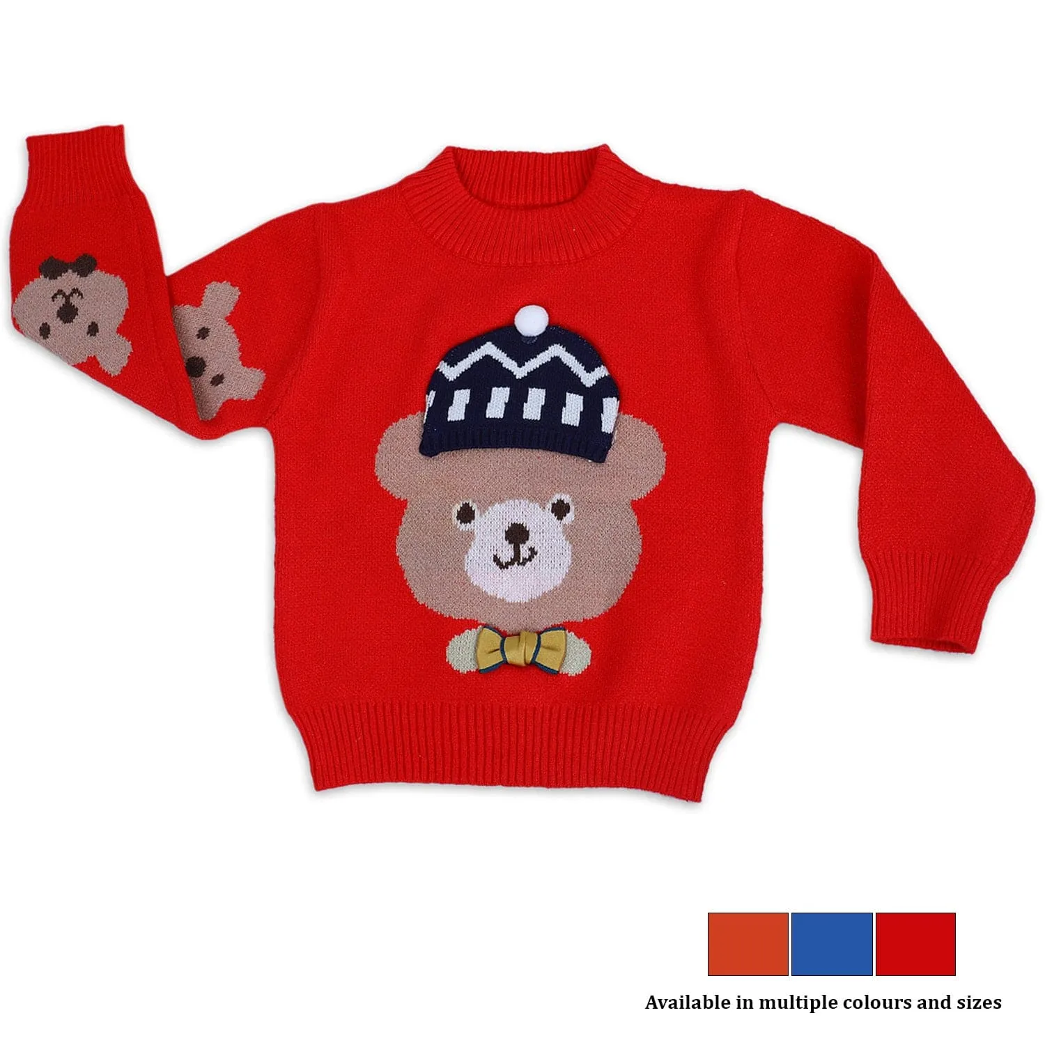 Mr. Bear Premium Full Sleeves Knitted Sweater With 3D Applique - Red