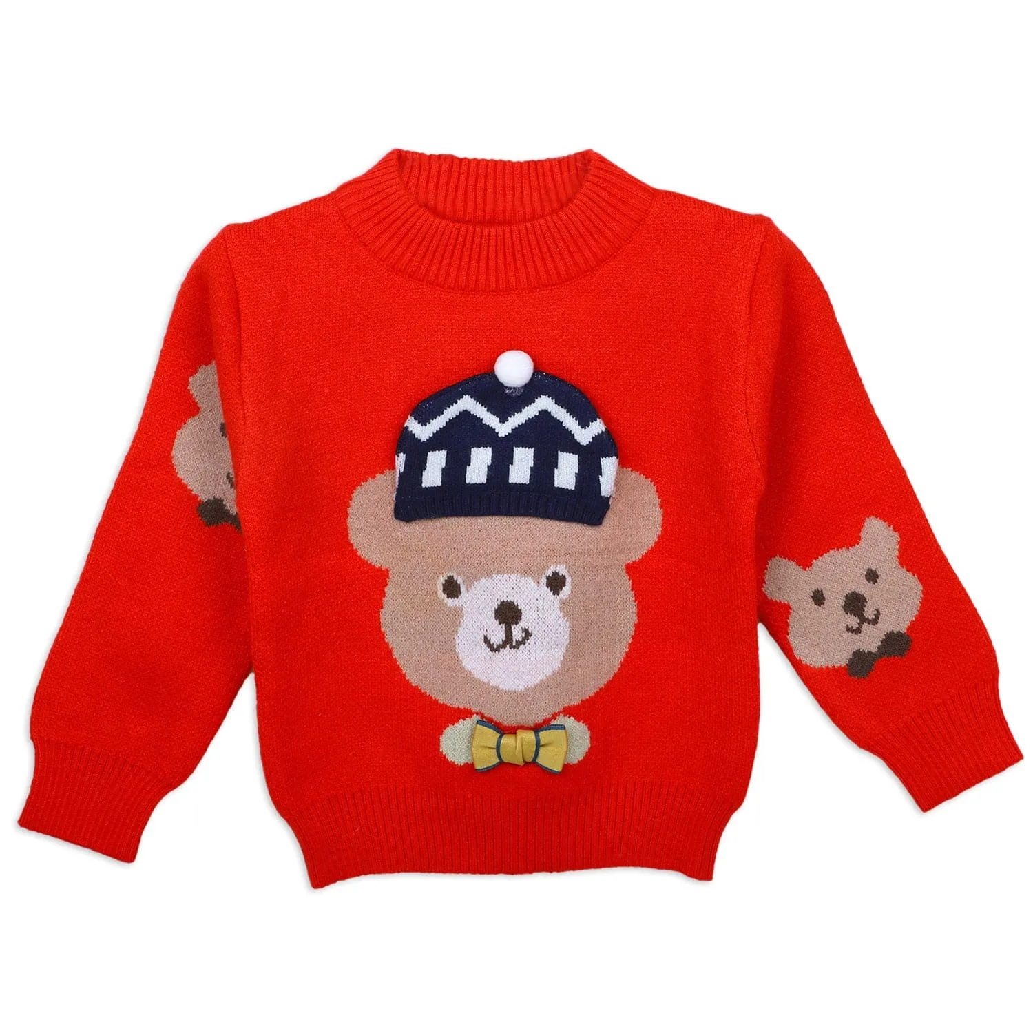 Mr. Bear Premium Full Sleeves Knitted Sweater With 3D Applique - Red