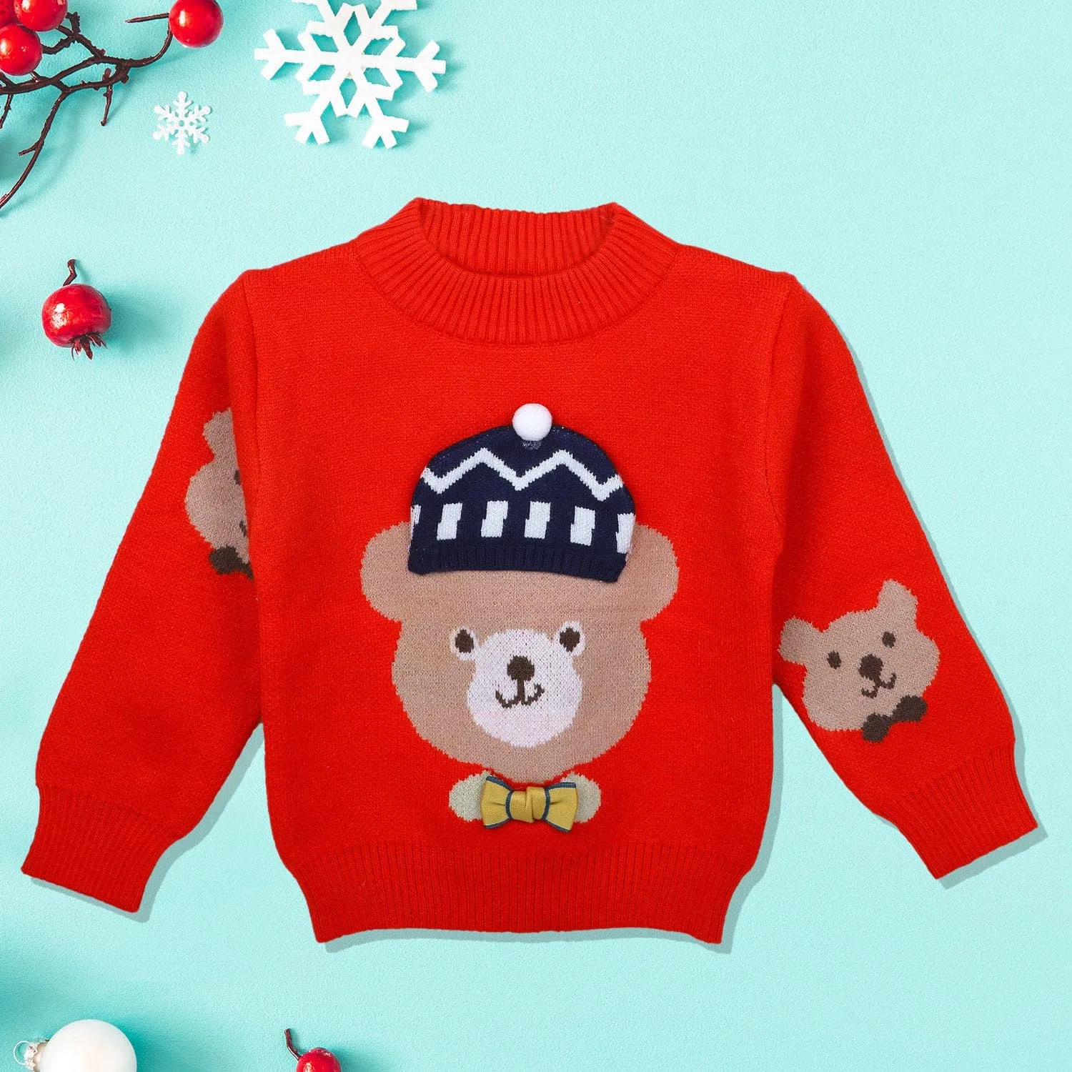 Mr. Bear Premium Full Sleeves Knitted Sweater With 3D Applique - Red