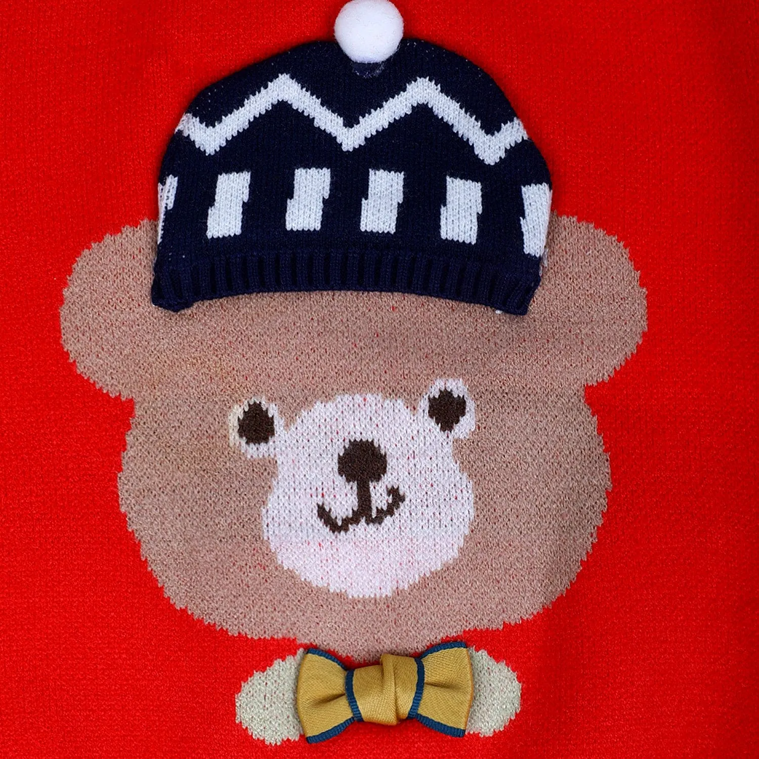 Mr. Bear Premium Full Sleeves Knitted Sweater With 3D Applique - Red