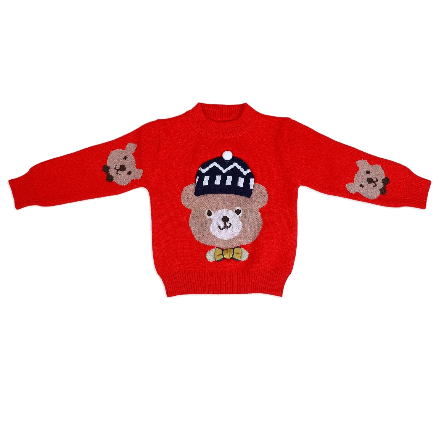 Mr. Bear Premium Full Sleeves Knitted Sweater With 3D Applique - Red