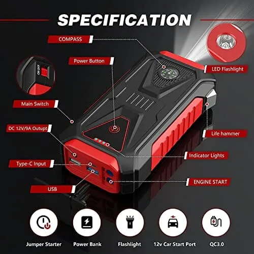 RLXPro™ Car Jump Starter: 12V/2000A, 28000mAh Power Bank, Booster, Charger