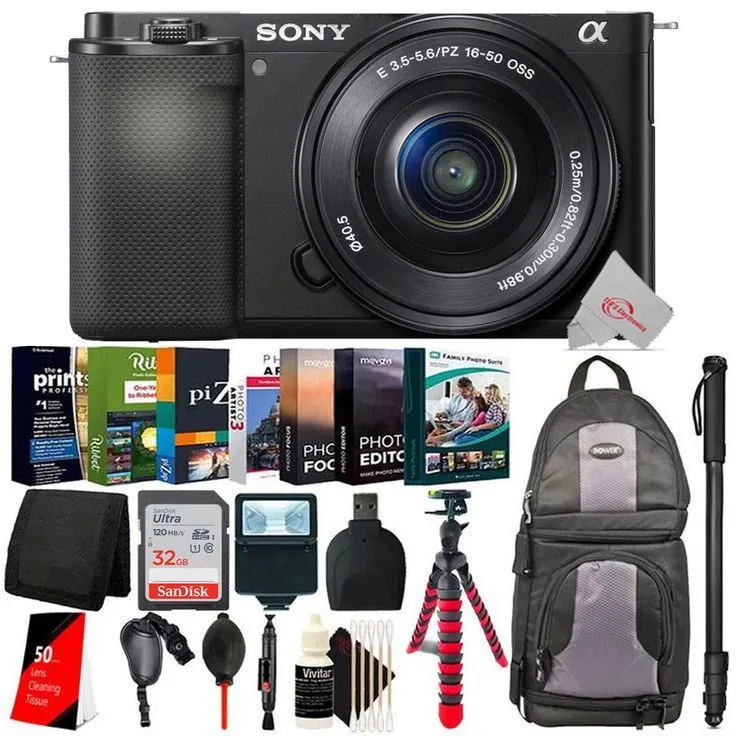 Sony ZV-E10 Flip-Out Touchscreen LCD Mirrorless Camera with 16-50mm Len   32GB Accessory Kit