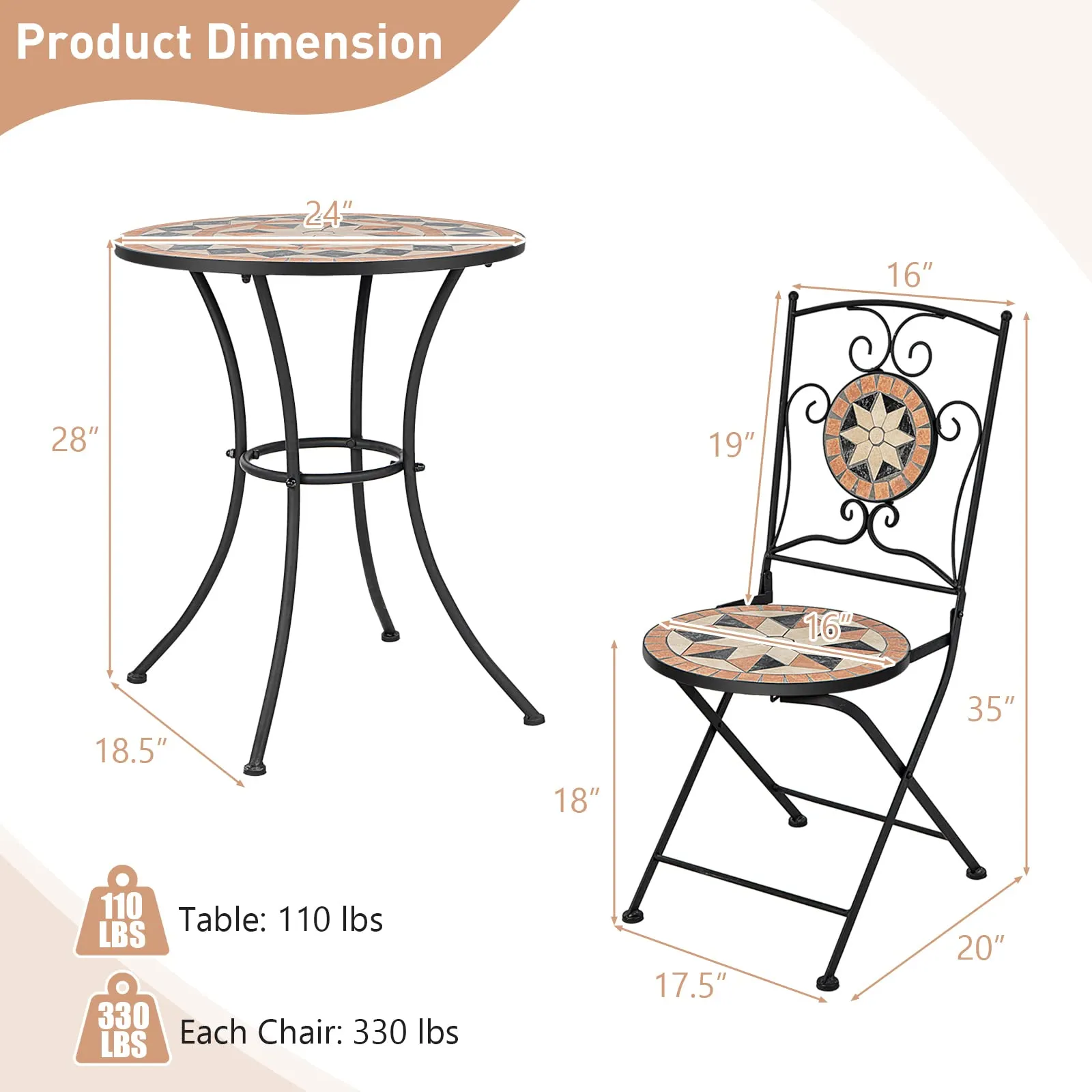 Tangkula 3 Pieces Patio Bistro Set, Outdoor Garden Furniture Set with Round Mosaic Coffee Table & 2 Folding Chairs